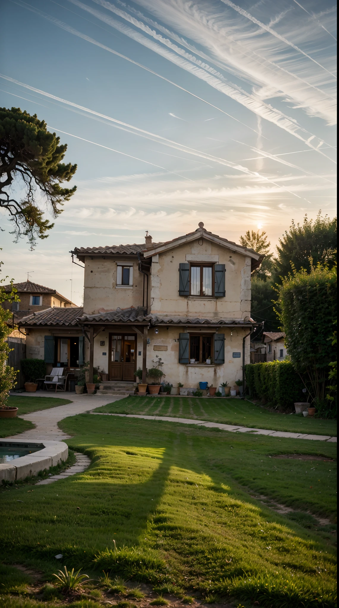 highres, imagination, (realistic), clear skies, composition, sunset, (hdr:1.5), outdoors, intricate details, village house italy
