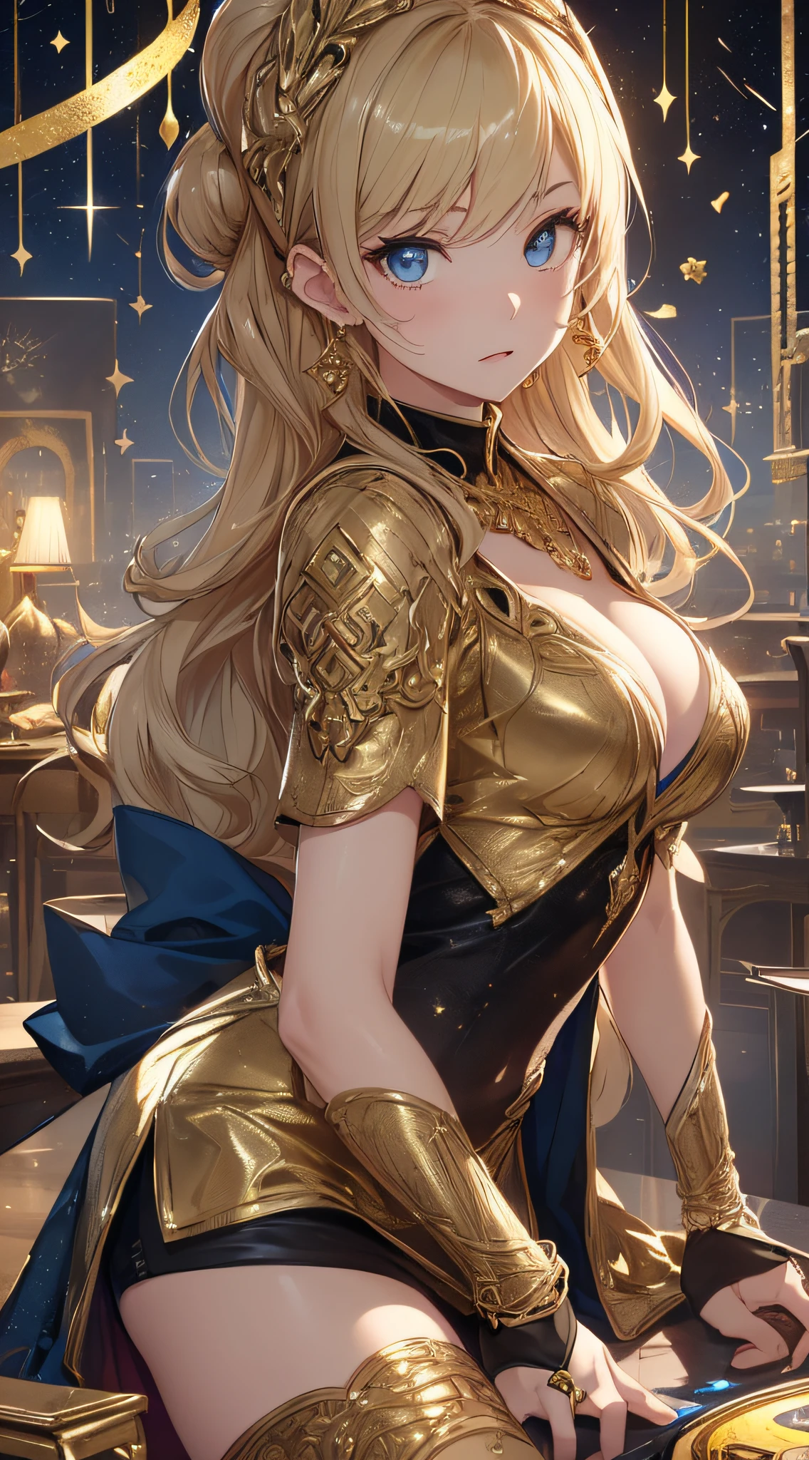 top-quality、Top image quality、masterpiece、girl with((18year old、Black underwear,Best Bust、Medium bust、Bust 85,Beautiful blue eyes、deadpan、Breasts wide open,The wind blows from the side、Gold Dress、Gold Miniskirt、Gold Earrings、Gold necklace、Gold Ring、Shining golden ponytail、Gold Shoes、)hiquality、Beautiful Art、Background with(Shining meteors,kosmos、Gold Room、Gold Table、Gold Chair、Monitors)),masutepiece、Elaborate design、visualart、depth of fields、The best lighting、highestdetailed、low angles