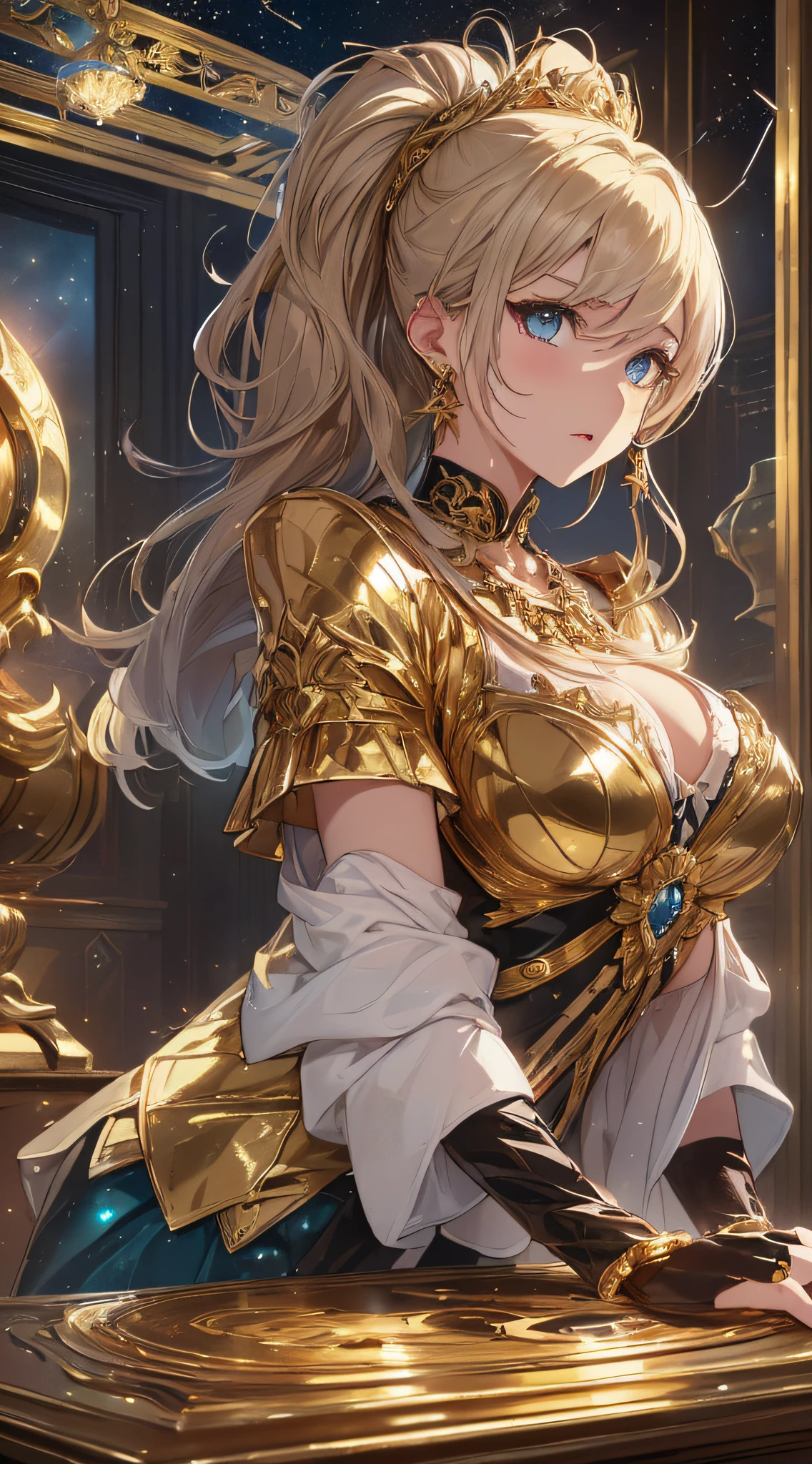 top-quality、Top image quality、masterpiece、girl with((18year old、Black underwear,Best Bust、Medium bust、Bust 85,Beautiful blue eyes、deadpan、Breasts wide open,The wind blows from the side、Gold Dress、Gold Miniskirt、Gold Earrings、Gold necklace、Gold Ring、Shining golden ponytail、Gold Shoes、)hiquality、Beautiful Art、Background with(Shining meteors,kosmos、Gold Room、Gold Table、Gold Chair、Monitors)),masutepiece、Elaborate design、visualart、depth of fields、The best lighting、highestdetailed、low angles