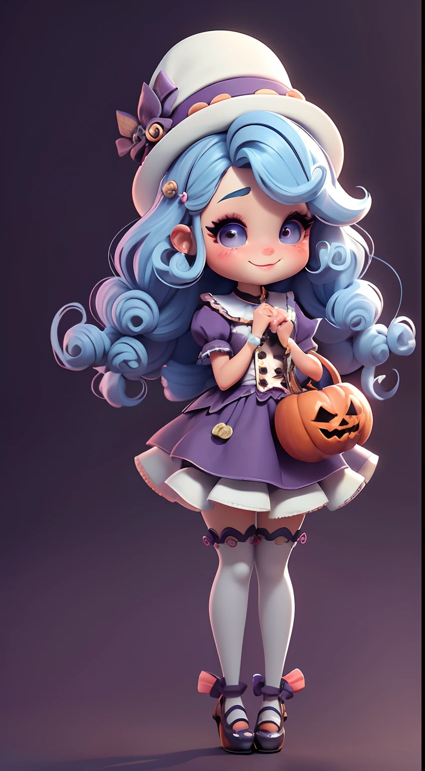 Create cute Chibi Afro Dread style doll costumes with cute Halloween themes.., Each piece has a lot of detail and 8K resolution... All dolls should follow a solid and complete background pattern in the image.., Show (full entire body, Including legs: 1.5)

Small Halloween Dolls: Call her Marina... She must have small purple and pastel blue hair... Your eyes should be large and expressive.., It has long eyelashes and rosy cheeks... A delicate white smile. Marina had to dress in a costume.., Luxury Hat. She should bring Halloween ornaments... Don't forget to add details to your clothes.., Love buttons and bags.., Cute shoes

Don't forget to add shadows.., Texture and detail in hair, clothes, Halloween Appliances, To make them more cute and charming...