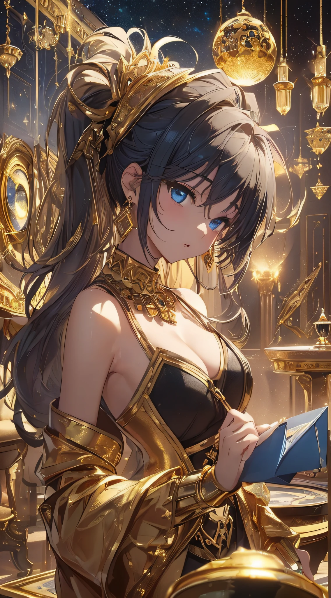 Masterpiece 1.3, 8k resolution, ultra-realistic, very detailed), (Intricate Detail), Perfect Detail Face, Detailed Eyes, Very Detailed, Blush, Lipstick, full body, waist constriction, beautiful legs, taut skin, very detailed face and skin texture, double eyelids, pale cheeks, healthy skin, (exposed chest), (Natural breasts, natural cleavage), (Seductive appearance: 1.5), (((warpaint))), Detailed Background, Realistic Photo, Sharp Focus: 1.2, Perfect + Slender Style, standing, ((Looking at the camera))), (1 girl, queen, gold border black pleated skirt) [Egyptian style, curls hair, blue hair, blue eyes, cat ears, eye of horus tattoo, thigh socks, black socks, barefoot, toes, ((Hieroglyphs Pattern building, dynamic lights, dynamic angle, the most beautiful form of chaos, (vivid colours)))]