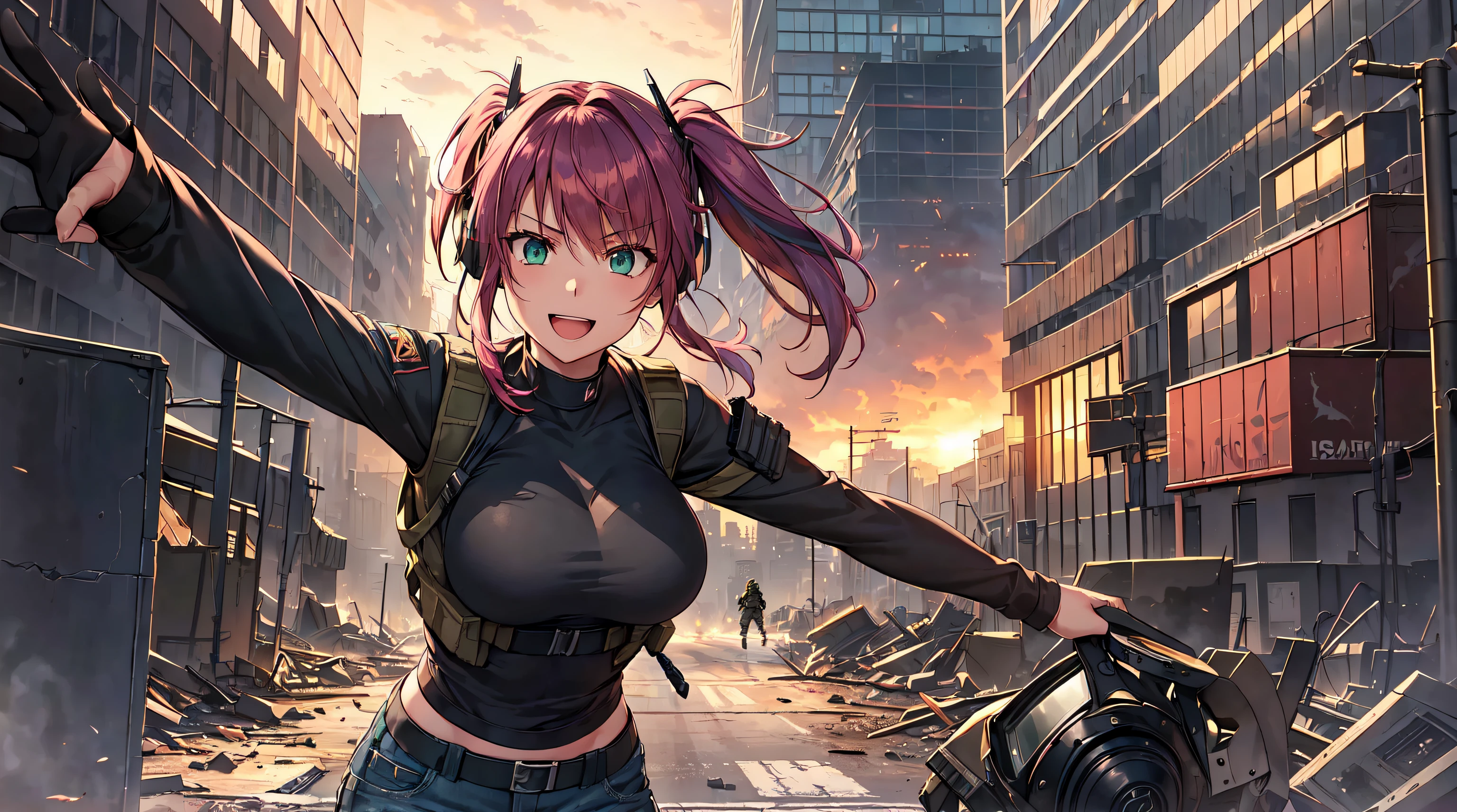 masterpiece, 1girl ((20year old, black tight tshirt, military tactical vest, tight khaki jeans, boots, medium breasts, multicolor pink hair, twin ponytails, perfect model body, green eyes, flirting, happy, big smile, headphones, running in a combat zone war torn street at dusk, explosions and destroyed skyscrapers, warzone and apocalyptical atmosphere)) ((dusk)) ((solo))