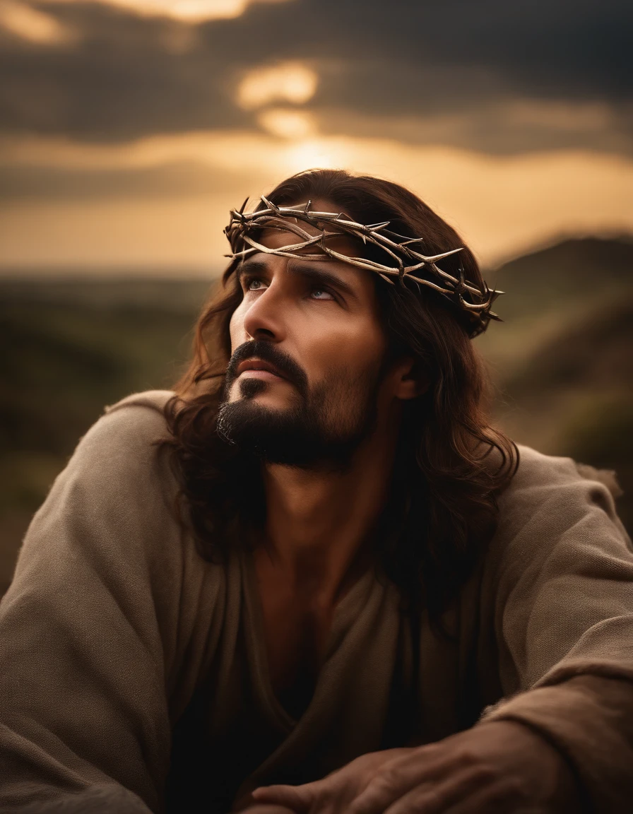 Uma foto fotorrealista capturando Jesus carregando a cruz, with a panoramic view looking directly at Him. ((crown of thorns on the head)). The focus of the image is on the face of Jesus as He looks up to the heavens, sighing for air in the midst of His crucifixion. A cena se passa ao ar livre, with a clear sky in the background. Lighting should be dramatic, enfatizando a intensidade emocional do momento, with rays of sunshine breaking through the clouds to create a sense of divine presence.