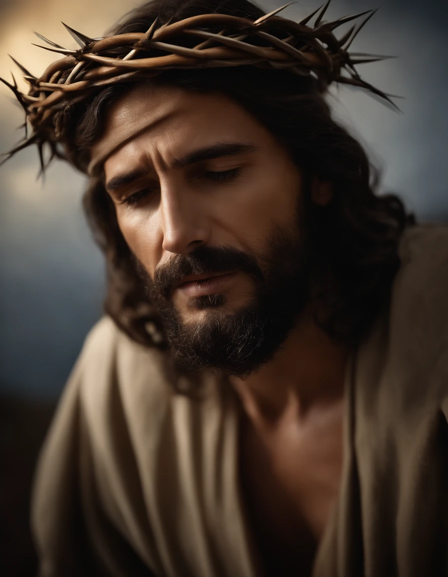 Uma foto fotorrealista capturando Jesus carregando a cruz, with a panoramic view looking directly at Him. ((crown of thorns on the head)). The focus of the image is on the face of Jesus as He looks up to the heavens, sighing for air in the midst of His crucifixion. A cena se passa ao ar livre, with a clear sky in the background. Lighting should be dramatic, enfatizando a intensidade emocional do momento, with rays of sunshine breaking through the clouds to create a sense of divine presence.