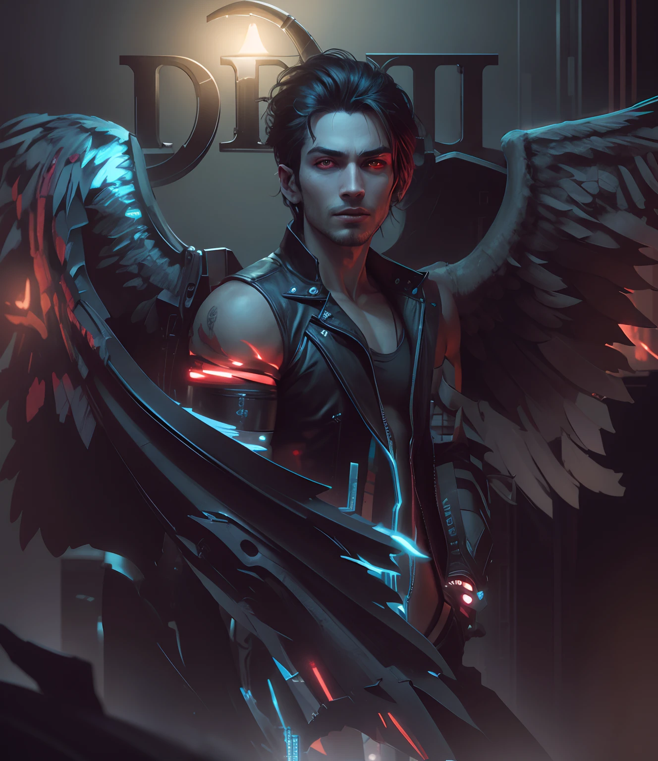 Lighting city,devil,lucifer, cyberpunk, realistic face, men