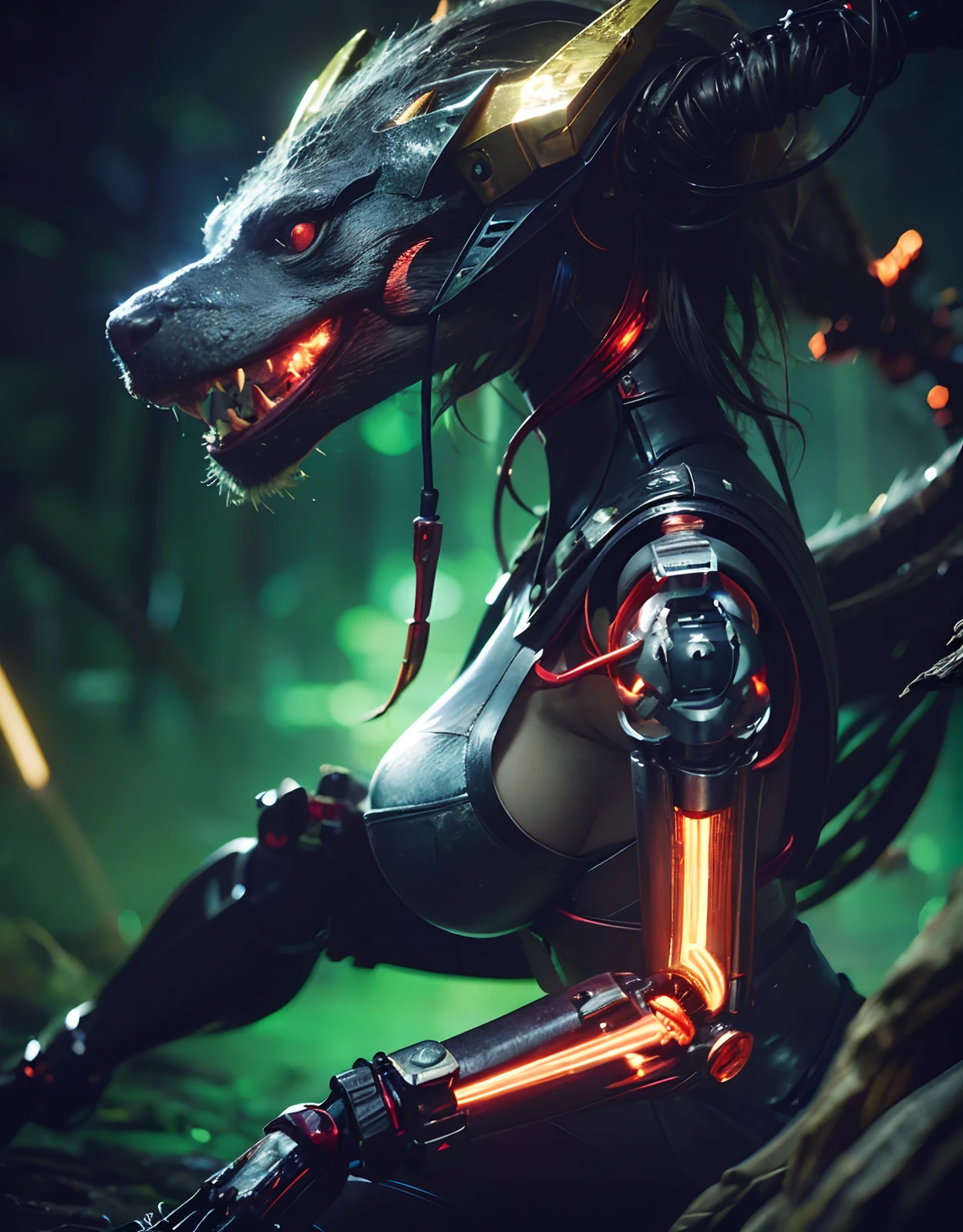 (1 Mechanical Girl)、top-quality、masterpiece、超A high resolution、(Photorealsitic:1.4)、Raw photo、女の子1人、Fight mutants、glowy skin、(((1 Mechanical Girl)))、With a beautiful knife、(Yellow Metal Bodysuit)、(Kobold、ogre、Fierce battle with orcs),(Fight fiercely against aliens)、Fight fiercely、(beautiful forest background)、(Fighting Demonic Beasts)、(Small LED)、((super realistic details))、portlate、(Strong giant demon beast background),globalillumination、Shadow、octan render、8K、ultrasharp、Colossal tits、Raw skin is exposed in cleavage、metals、Details of complex ornaments、Japan details、highly intricate detail、Realistic light、(Mystical expression),CGSoation Trends、Red Eyes、radiant eyes、Facing the camera、neon details、(Mechanical limbs)、(blood vessels connected to tubes)、Mechanical vertebrae attached to the back、mechanical cervical attaching to neck、(Wires and cables connecting to the head)、Gundam、Small LED、,Mechanical thighs、Toostock、(Hands are also made of machines)、(Attack of the Monster Beasts)、(Wounded in a deadly battle)、