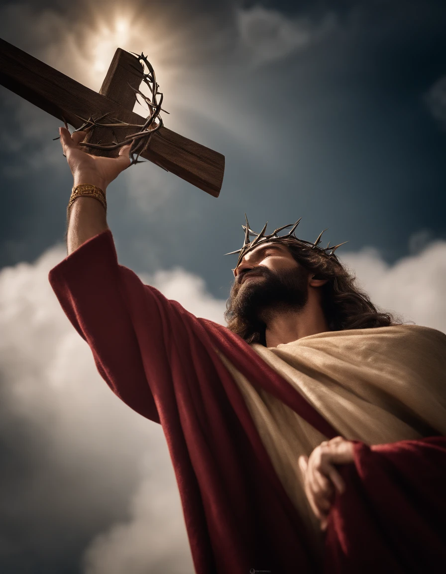 Uma foto fotorrealista capturando Jesus carregando a cruz, with a panoramic view looking directly at Him. ((crown of thorns on the head)). sighing for air in the midst of His crucifixion. A cena se passa ao ar livre, with a clear sky in the background. Lighting should be dramatic, enfatizando a intensidade emocional do momento, with rays of sunshine breaking through the clouds to create a sense of divine presence.