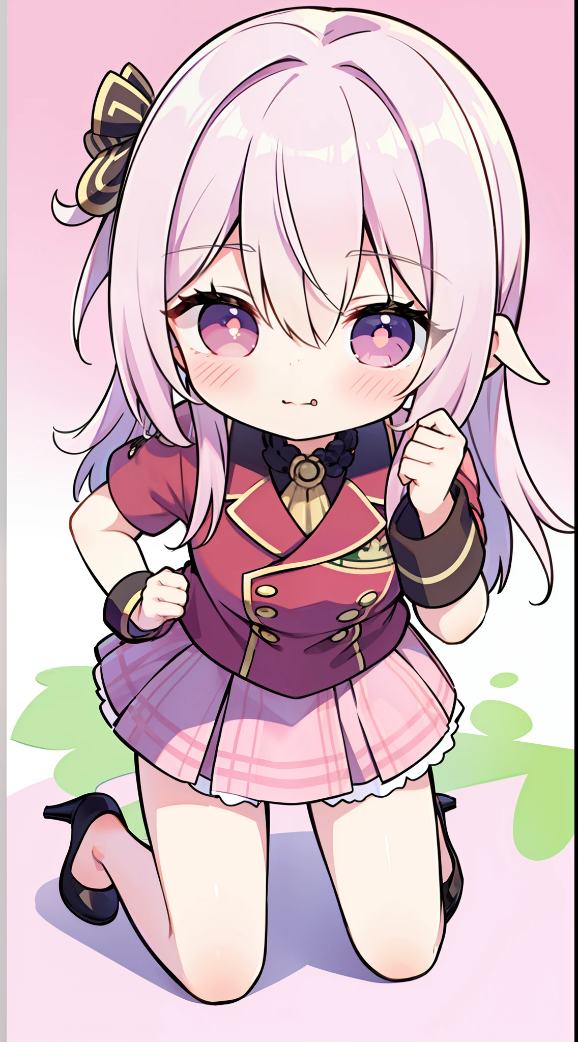 masterpiece, best quality, 1girl, adult body, white hair, brown eyes, long hair, (old outfit), (80s), pink short skirt, front view, standing, lighting, (white background), effect heart, shy, headwear, hands behind the back, medium chest, thick legs, thick thighs