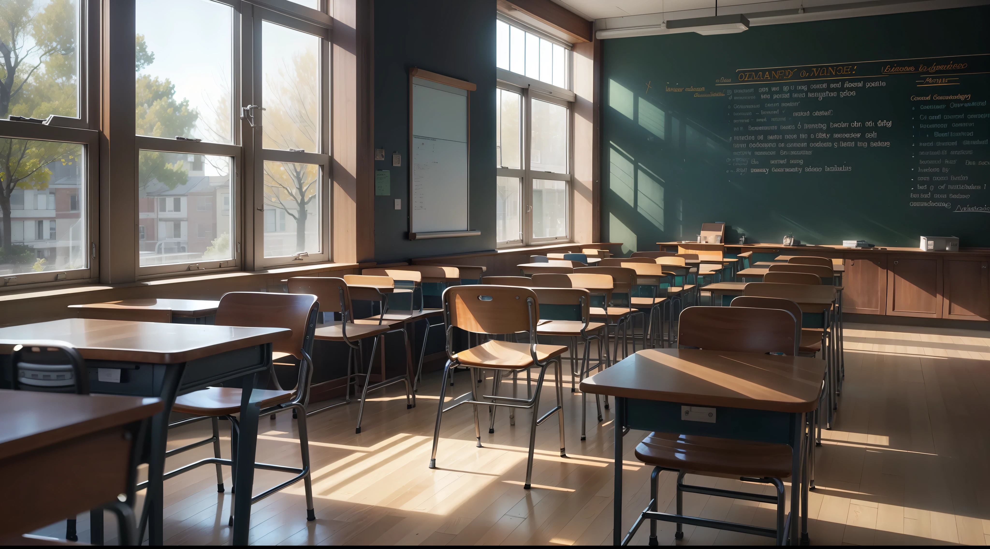 HD, frosted glass, classroom lights, Van Gogh colors, mahogany classroom tables and chairs, single-row high chairs, long-lasting sense of time, young people's lives, dreams, hopes, overlapping time traces.