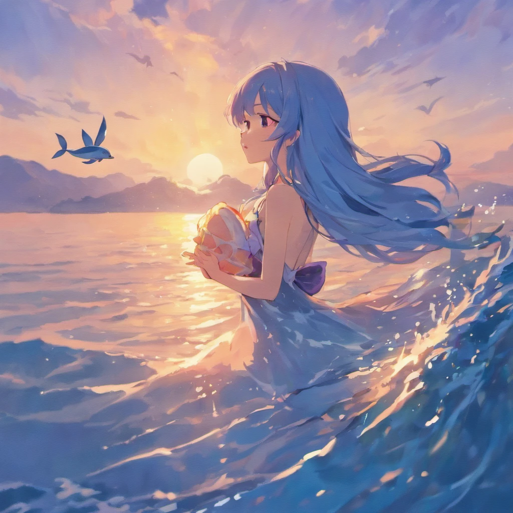 the sea，the sunset，A dolphin jumps out of the sea and takes to the sky，Angel in sky watching dolphin in clouds，Spread your big wings，A little starlight in the sky，There are waves and flying seagulls by the sea，Blue-violet tones，romantic atmoshere，Angels and dolphins