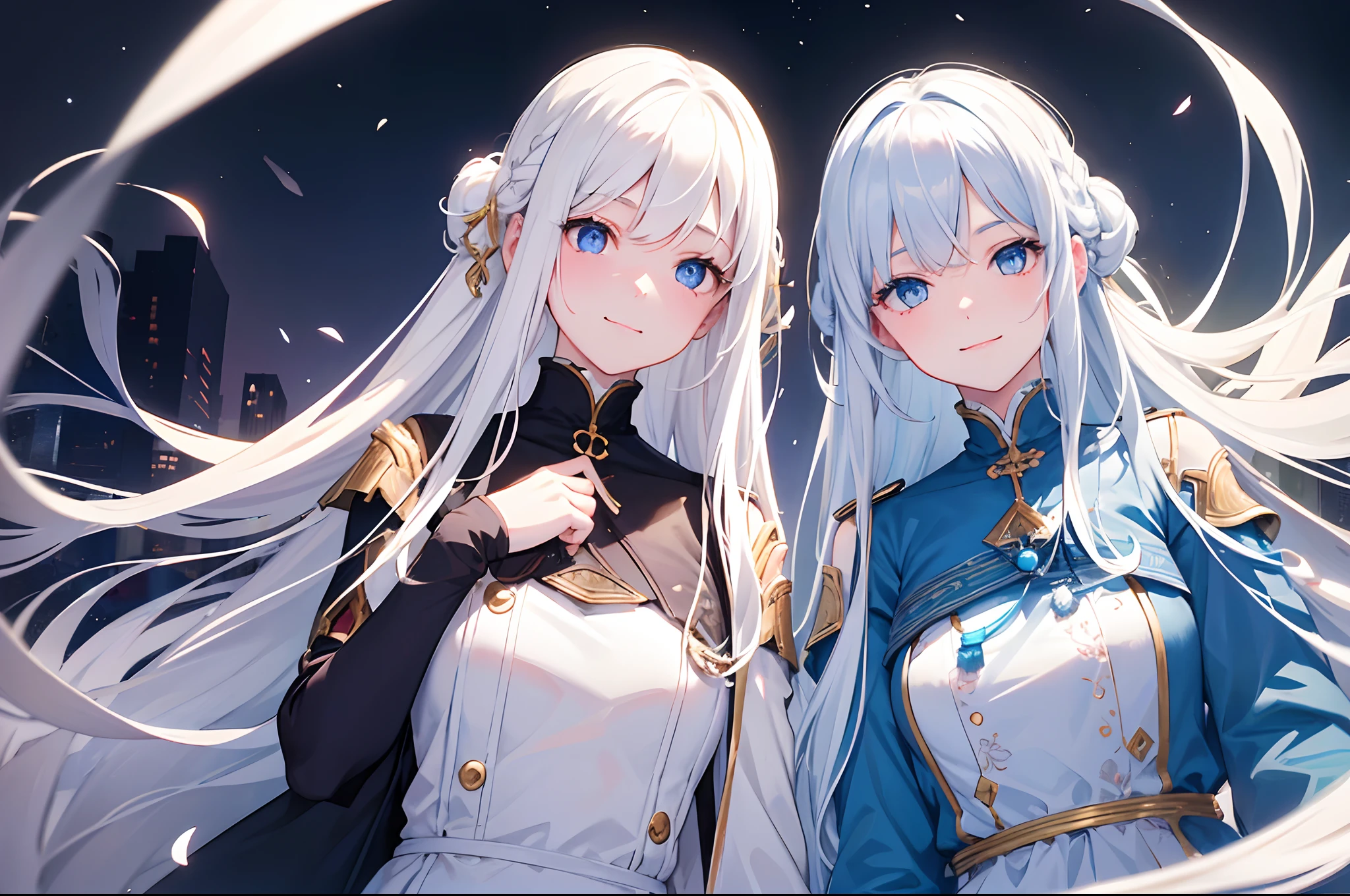 Twin young women with long white hair. Both have white hair. Their eyes are bright blue. The characters of the two are polar opposites. One was very cheerful and smiled warmly. There was a warm aura about her. The other was quiet and calm. There was a cold aura about her.