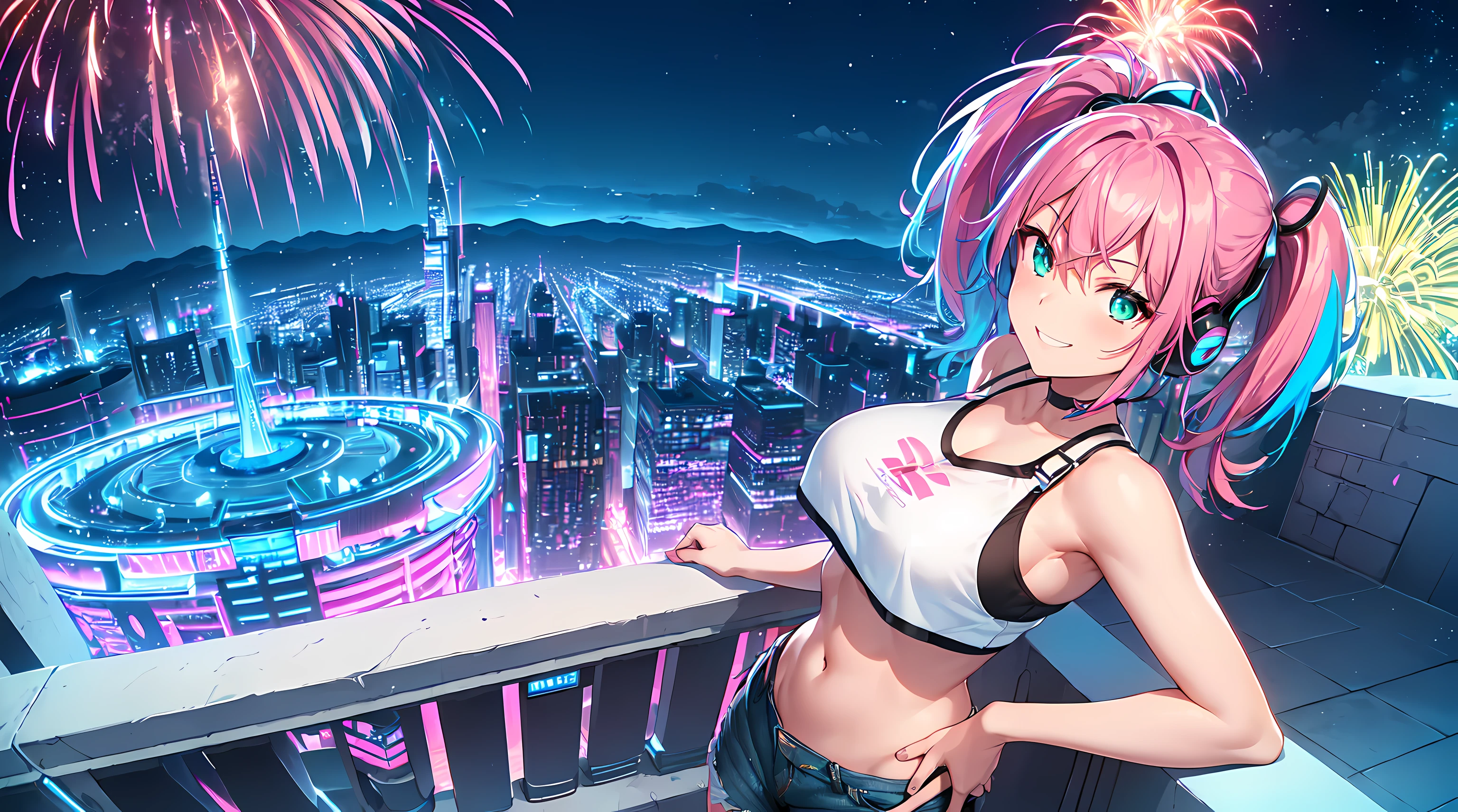 masterpiece, 1girl ((20year old, crop top exposes navel, tight blue jeans, sneakers, medium breasts, multicolor pink hair, twin ponytails, perfect model body, green eyes, flirting, happy, big smile, looking up, headphones, walking in a street at night, neon lights and towering skyscrapers, Modern and energetic atmosphere)) ((nighttime)) ((fireworks in the sky)) ((solo)) ((high camera angle, top view))