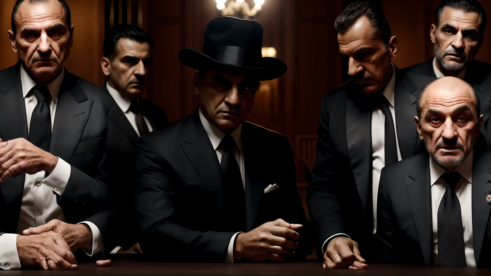 RAW photo, Mafioso, 8K, Mobsters gathered at a table, dark colors, high resolution, mobsters with brave faces --auto --s2