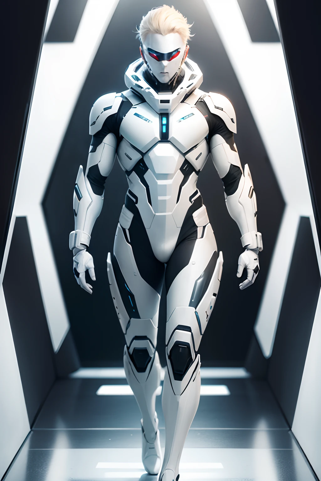 (futuristic, sci fi)Male in white stealth suit, blonde hair, white gaunlets, full body suit, hands visible, hair visible, pale skin, beautiful face, masterpiece, white futuristic mouth mask, hd