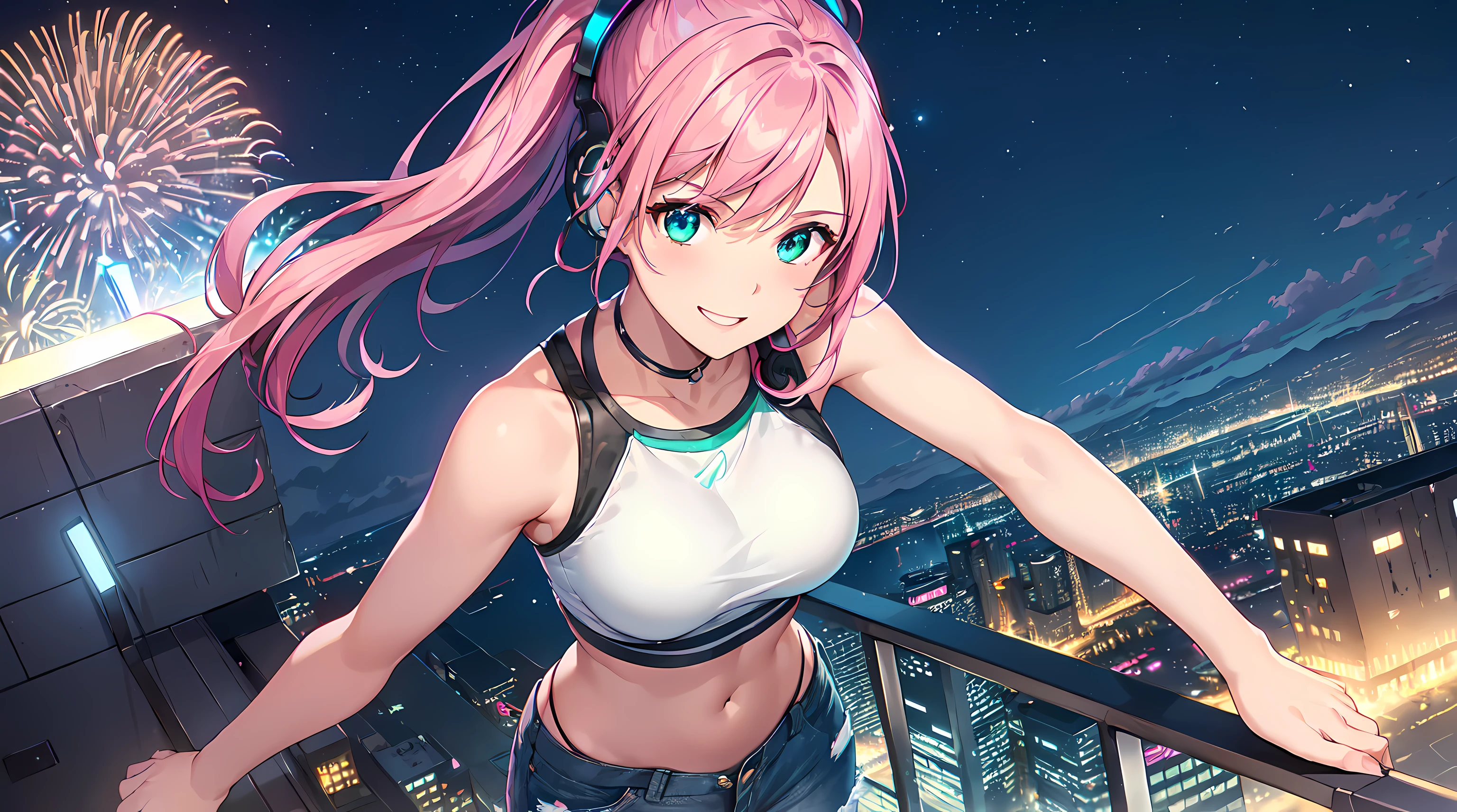 masterpiece, 1girl ((20year old, crop top exposes navel, tight blue jeans, sneakers, medium breasts, multicolor pink hair, twin ponytails, perfect model body, green eyes, flirting, happy, big smile, looking up, headphones, walking in a street at night, neon lights and towering skyscrapers, Modern and energetic atmosphere)) ((nighttime)) ((fireworks in the sky)) ((solo)) ((high camera angle, top view))
