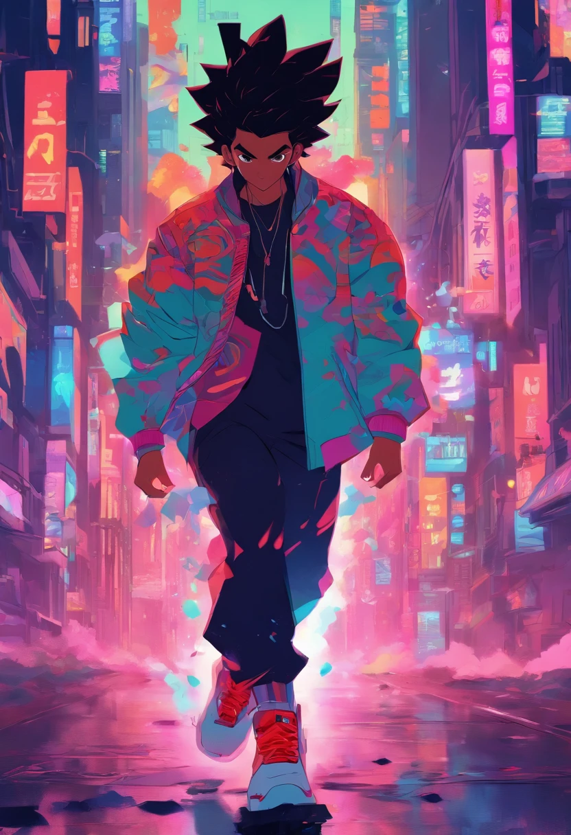 a cartoon of a man in a suit and sneakers walking, streetwear graphic design, in the style of sachin teng, official artwork, cyberpunk streetwear, akira vibes, inspired by Liam Wong, artwork in the style of z.w. gu, album art, sachin teng, cyberpunk art style, in the style of akira, album cover concept art, illustration style, akira style illustration