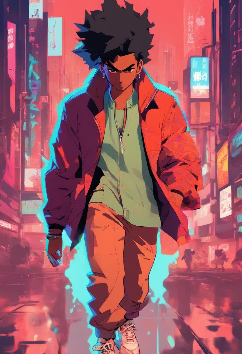 a cartoon of a man in a suit and sneakers walking, streetwear graphic design, in the style of sachin teng, official artwork, cyberpunk streetwear, akira vibes, inspired by Liam Wong, artwork in the style of z.w. gu, album art, sachin teng, cyberpunk art style, in the style of akira, album cover concept art, illustration style, akira style illustration