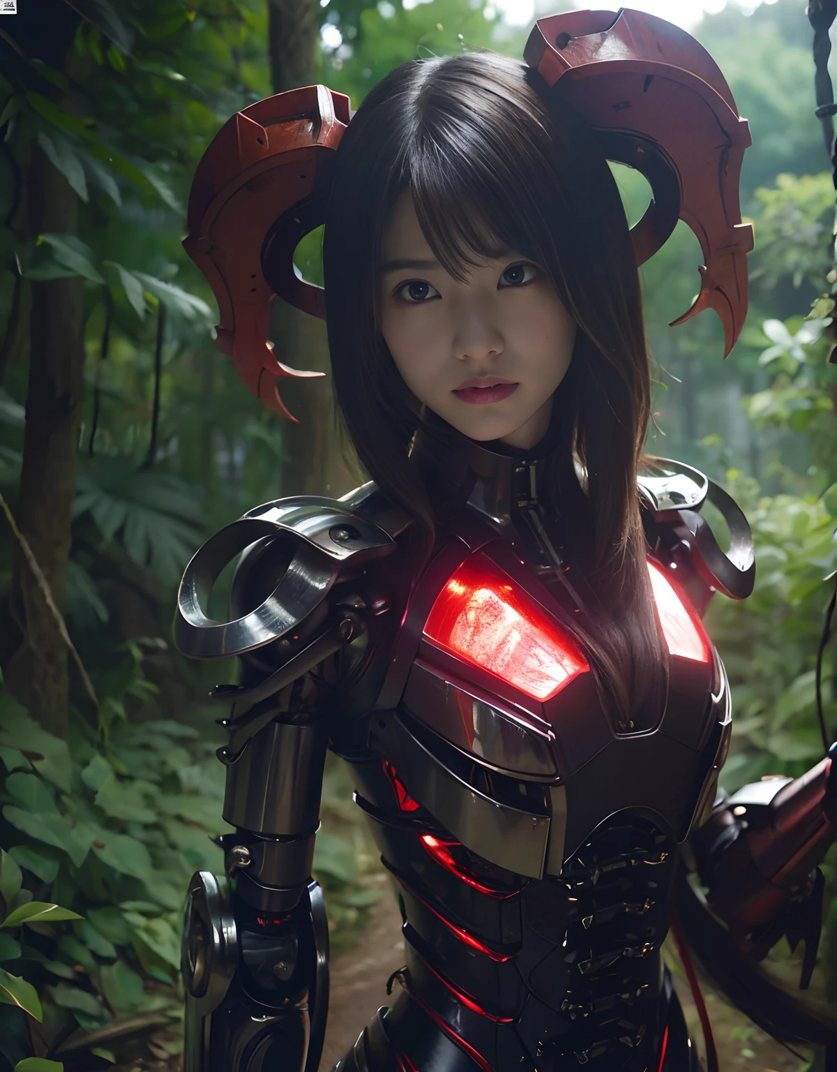 (1 Mechanical Girl)、top-quality、masterpiece、超A high resolution、(Photorealsitic:1.4)、Raw photo、1人、Fight mutants、glowy skin、(((1 Mechanical Girl)))、With a beautiful knife、(Yellow Metal Bodysuit)、(Kobold、ogre、Fierce battle with orcs),(Fight fiercely against aliens)、Fight fiercely、(beautiful forest background)、(Fighting Demonic Beasts)、(Small LED)、((super realistic details))、portlate、(Strong giant demon beast background),globalillumination、Shadow、octan render、8K、ultrasharp、Colossal tits、Raw skin is exposed in cleavage、metals、Details of complex ornaments、Japan details、highly intricate detail、Realistic light、(Mystical expression),CGSoation Trends、Red Eyes、radiant eyes、Facing the camera、neon details、(Mechanical limbs)、(blood vessels connected to tubes)、Mechanical vertebrae attached to the back、mechanical cervical attaching to neck、(Wires and cables connecting to the head)、Gundam、Small LED、,Mechanical thighs、Toostock、(Hands are also made of machines)、(Attack of the Monster Beasts)、(Wounded in a deadly battle)、