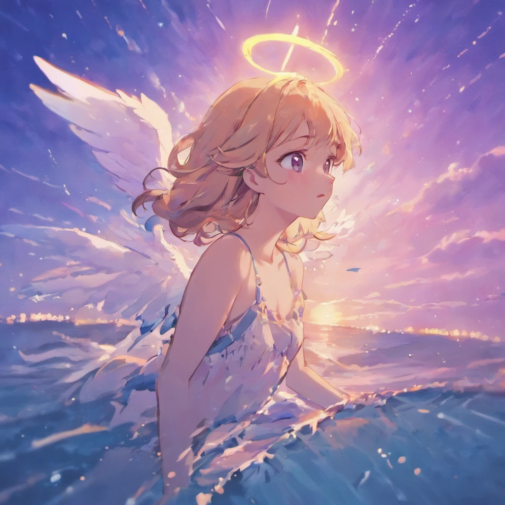 Angel kisses dolphin,starlights,the sunset,swell sea,seagulls,𝓡𝓸𝓶𝓪𝓷𝓽𝓲𝓬,Blue-violet tones