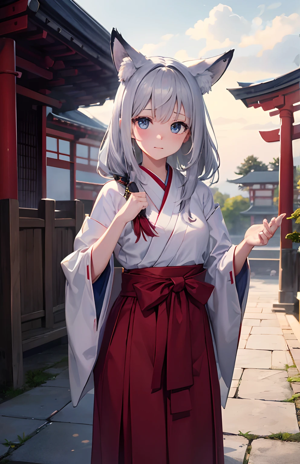 Anime girl in a kimono outfit with a cat ears and a red sash - SeaArt AI
