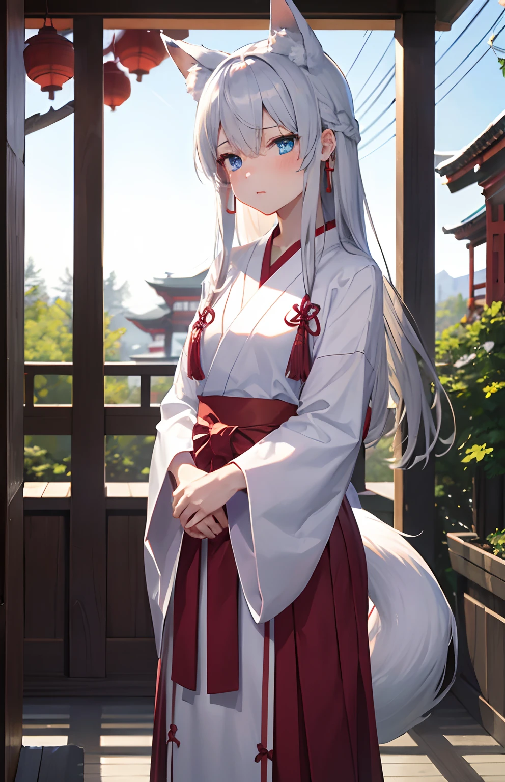 ​masterpiece,Top image quality,hight resolution,imagem 4k,Raw photo,Photorealsitic,{Solo},teens girl,Embarrassment,silber hair,stare at each other,Crimson Hakama,Blue eyes,小柄,Silver fox ears,Fox tail,shrine maiden,boyish,Zashiki,hime-cut