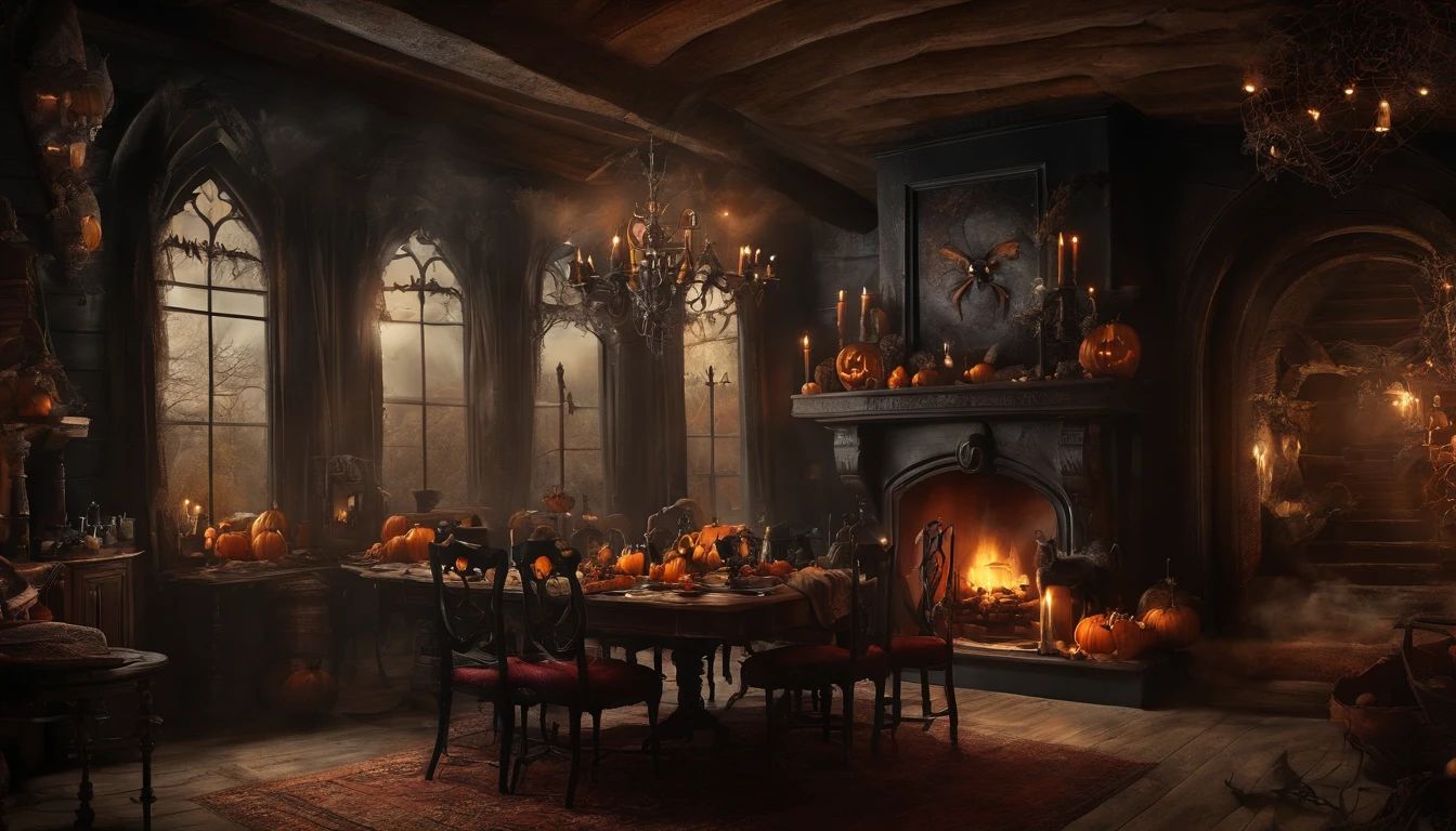 A close up of a dining room with a fireplace and a table - SeaArt AI
