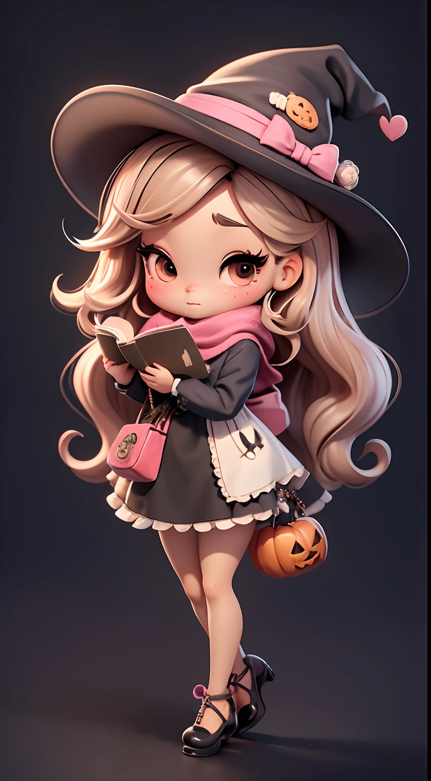 Create chibi-style doll costumes with cute Halloween themes., Each piece has a lot of detail and 8K resolution.. All dolls should follow the same and complete stable background pattern in the picture., Show (full entire body, Including legs: 1.5)

Witch's Apprentice Doll: Call her Mia.. She should have moderately wavy hair in light brown shades.. Your eyes should be big and curious., It has long eyelashes and slightly pink cheeks.. Mia should dress in colorful outfits and delicate and beautiful polka dot shirts and hats.. She had to hold a small pot and an open book.. Add details like bags and scarves to the apron to make it more glamorous., Cute shoes

Don't forget to add shadows., Texture and detail in hair, clothes, Cute Halloween Appliances, To make them more cute and charming..