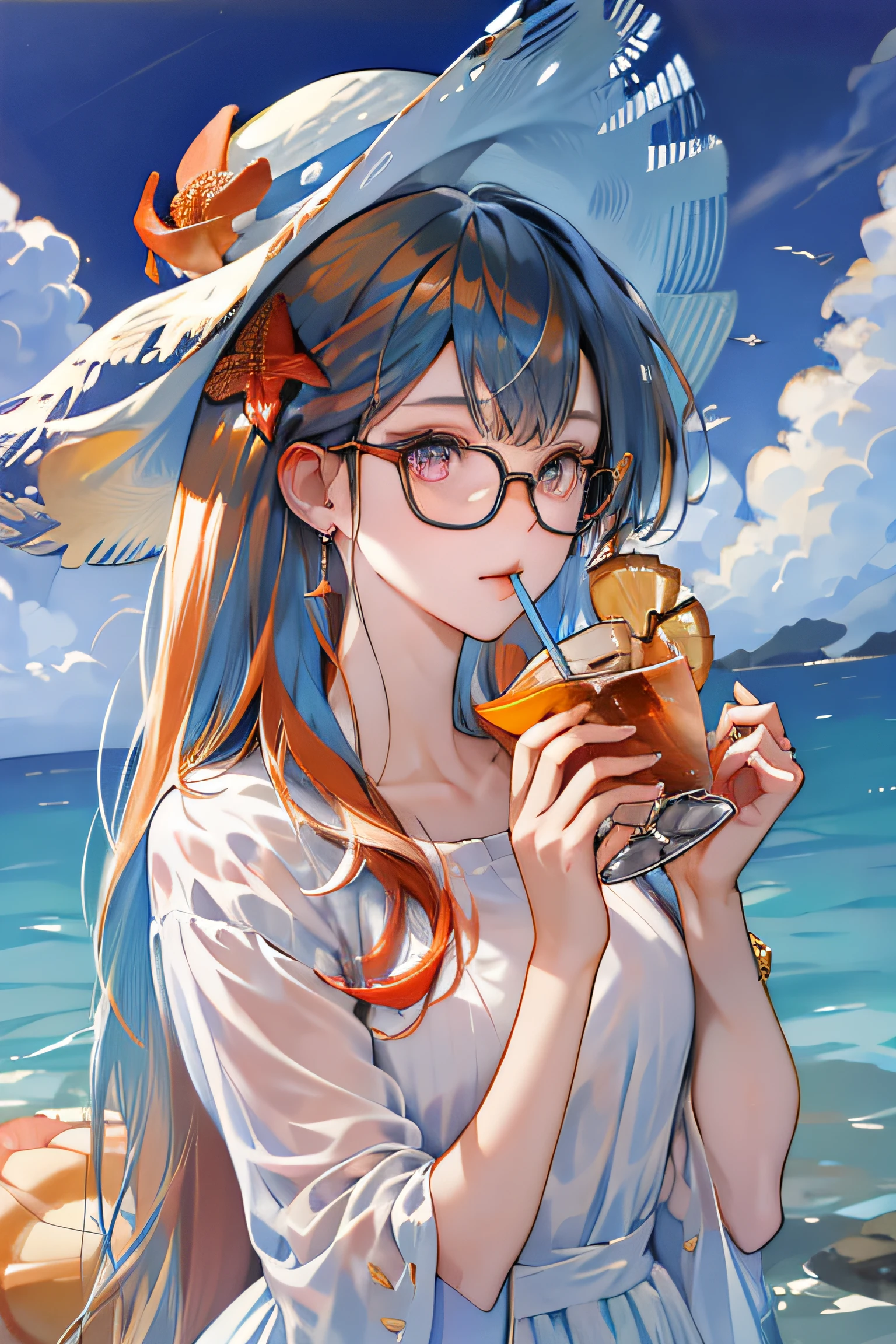 absurdres, highres, ultra detailed, 1girl, solo, extremely detailed eyes, starfish, seashell, shell, flower, hat, hair ornament, jewelry, straw hat, looking at viewer, sunglasses, hat flower, drinking straw, hairclip, earrings, red flower, tinted eyewear, yellow flower, bangs, english text, multicolored hair, orange flower, black hair, ring, cup, long hair, orange-tinted eyewear, food, brown hair, portrait, shell hair ornament