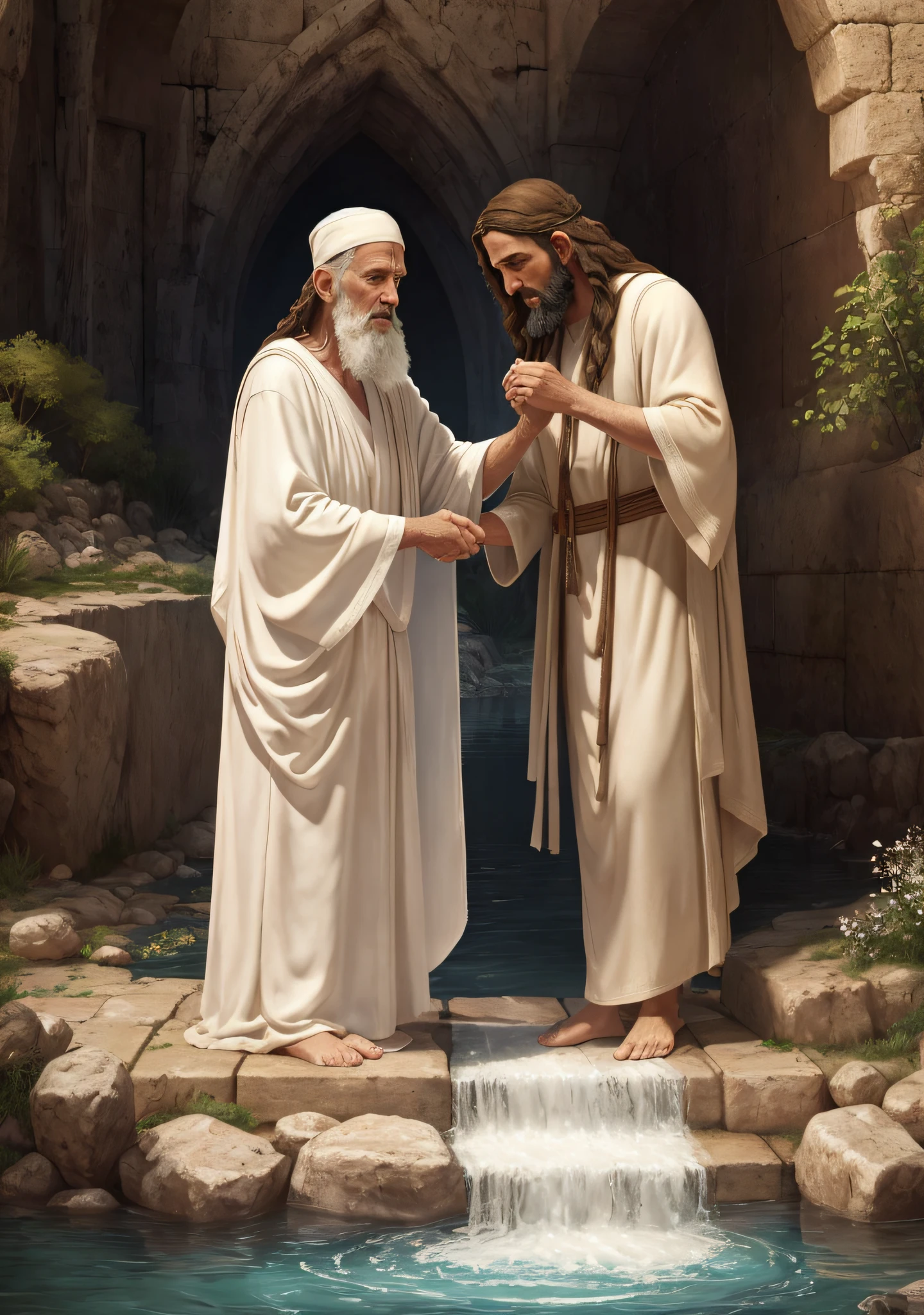 there is an old biblical elder wearing a beige robe baptizing Jesus Christ in a detailed epic image at the age of twenty-five in the Jordan River, Perfect face wearing a white tunic, Detailed biblical image. Detailed and epic image from the biblical film, Scenery of the Biblical River, qualidade 8k.