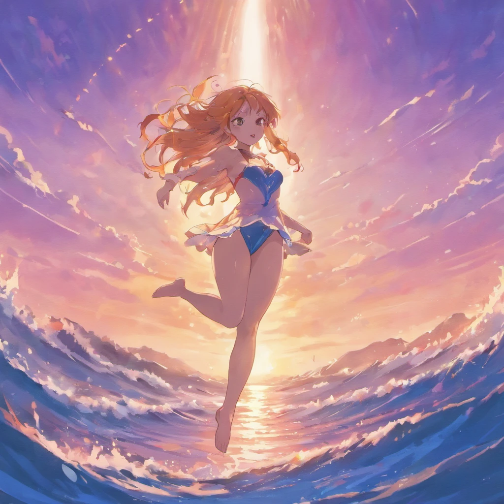 Giant dolphins leap out of the sea,starlights,the sunset,swell sea,seagulls,𝓡𝓸𝓶𝓪𝓷𝓽𝓲𝓬,Blue-violet tones