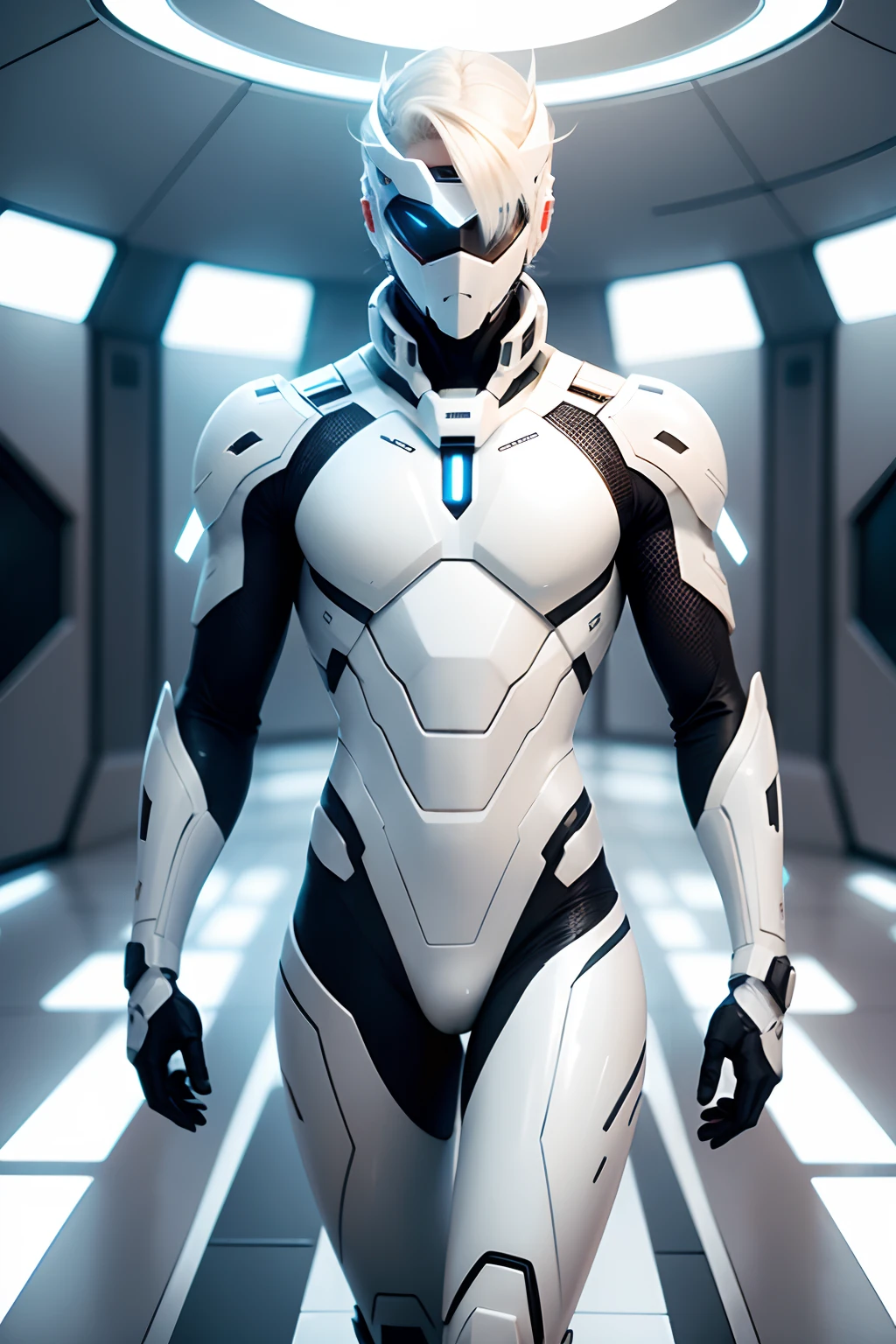 (futuristic, sci fi)Male in all white stealth suit, blonde hair, white gaunlets, full body suit, hands visible, hair visible, pale skin, beautiful face, masterpiece, white futuristic mouth mask