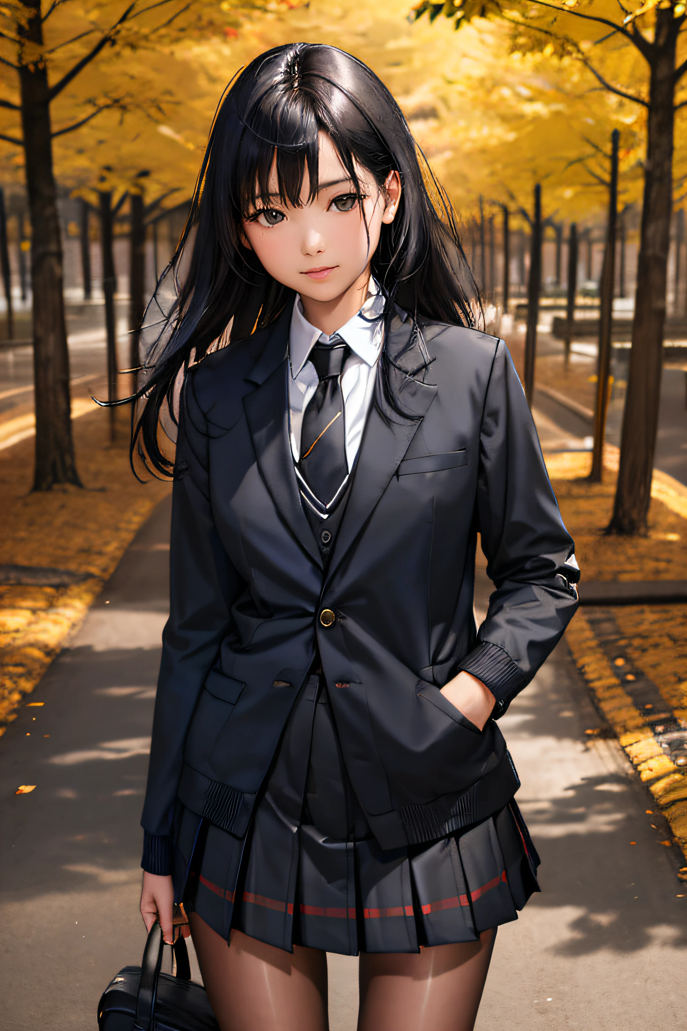 Best quality,masterpiece,ultra high res,raw photo,detail face,detailed skin,(realistic, photo-realistic:1.3),dramatic lighting,light on face,1girl,solo,cowboy shot,standing,grey Hair,Forest,outdoors,looking at viewer,smile,long hair,bangs,ature female,milf,narrow waist,skinny,open clothes,black pantyhose,black jacket,school uniform,long sleeves,sleeves past wrists,collared shirt,pleated skirt,black skirt,miniskirt,plaid skirt,bag,shoes,black footwear,blazer,cardigan,plaid,school bag,necktie,high school,street,tree,lens flare,wind,.