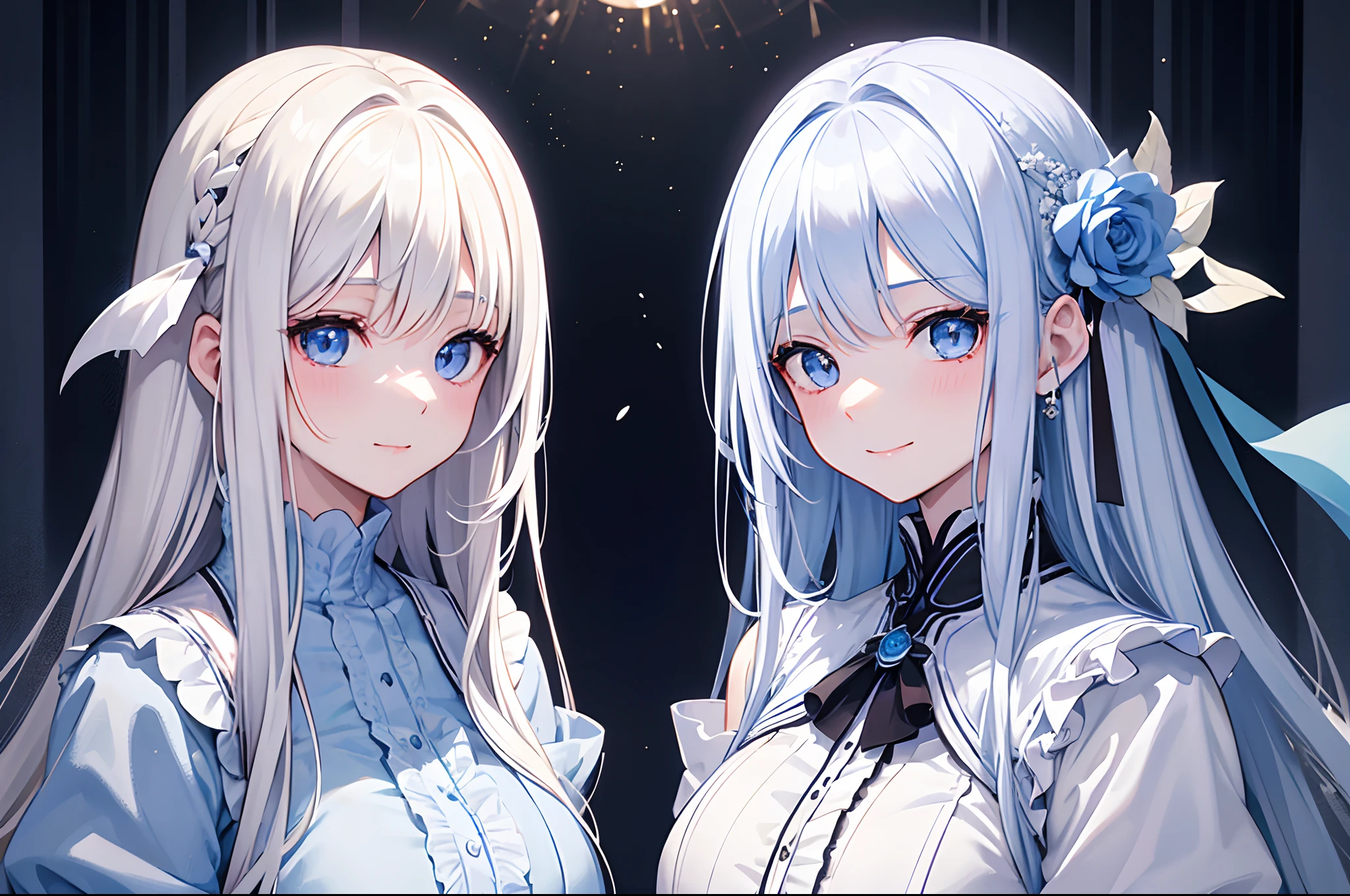 Twin young women with long white hair. Both have white hair. Their eyes are bright blue. The characters of the two are polar opposites. One was very cheerful and smiled warmly. There was a warm aura about her. The other was quiet and calm. There was a cold aura about her.