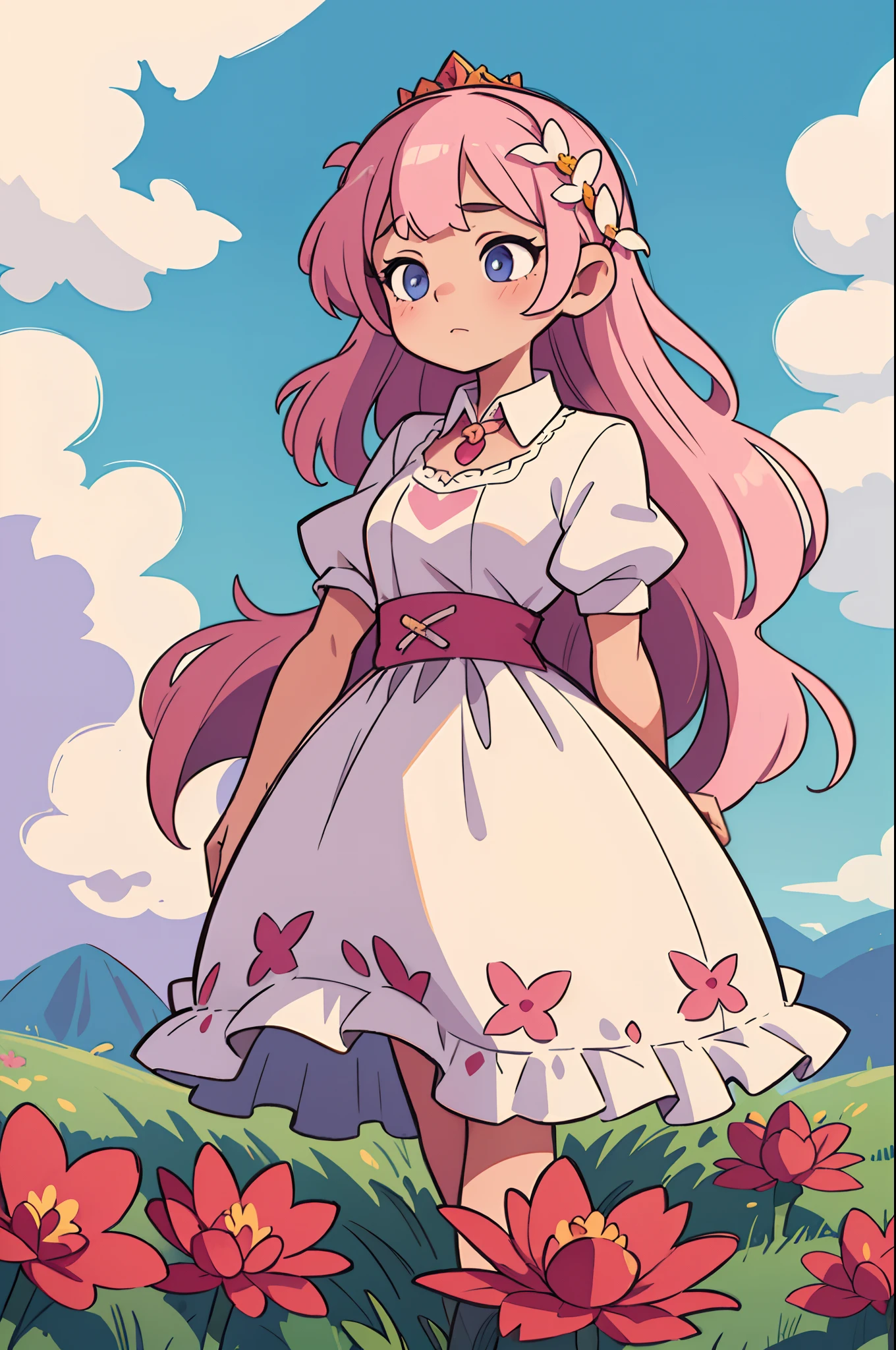 ((best quality, masterpiece)),
1girl, princess pink dress, flowers, white messy hair, outdoor, clouds on background,fantasy, medieval