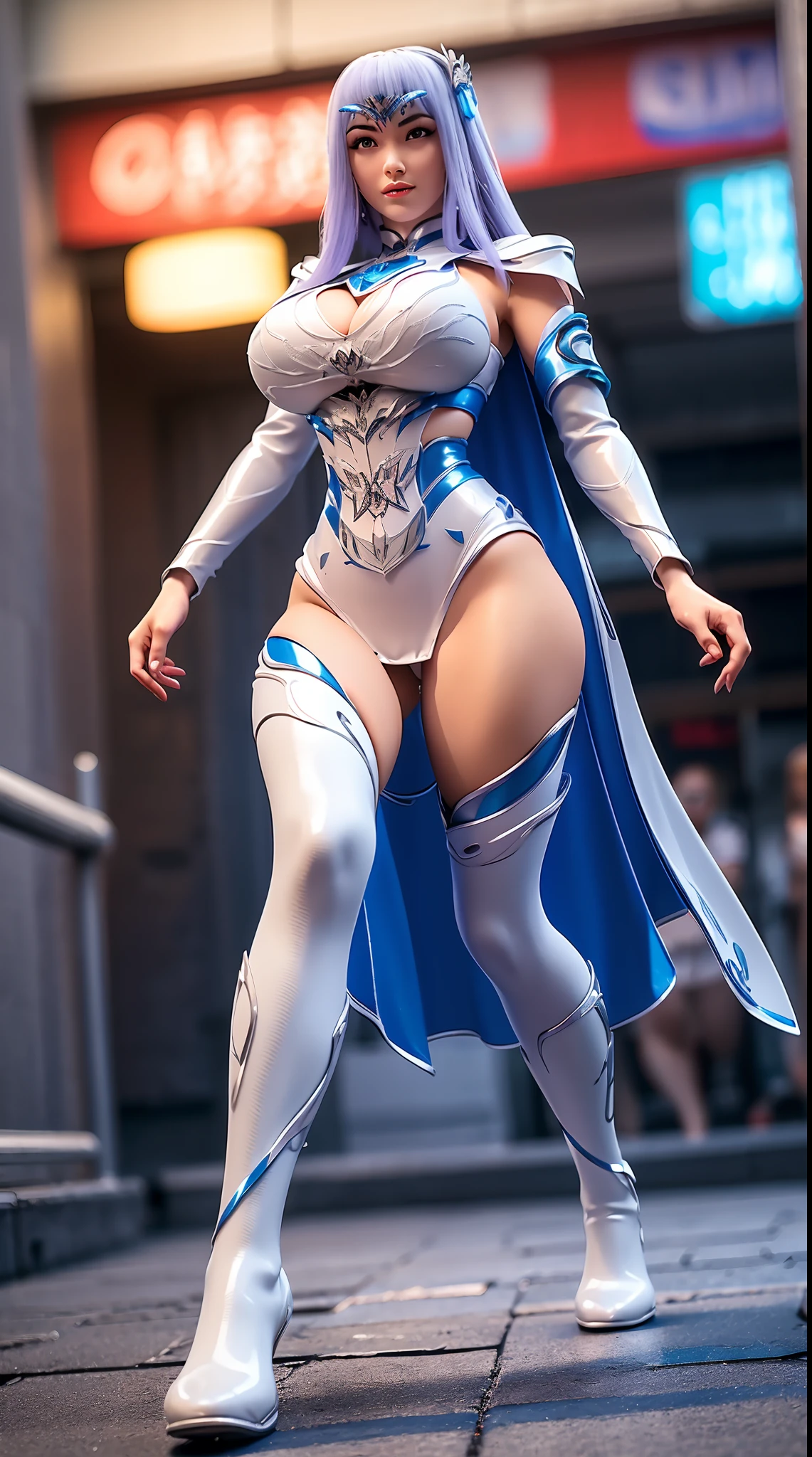 BEST QUALITY, (PHOTOREALISTIC:1.2), HYPER-RESOLUTION,1GIRL, SOLO, (white, blue), (HUGE FAKE BOOBS:1.3), (FUTURISTIC MECHA CROP TOP, EMPRESS CAPE, CLEAVAGE:1.4), (SKINTIGHT YOGA PANTS, HIGH HEELS:1.2), (GLAMOROUS BODY, MUSCLE ABS, LONG LEGS, FULL BODY VIEW:1.2), (LOOKING AT VIEWER:1.5), (WALKING DOWN STREET CYBER NIGHT CITY:1.2), ULTRA HIGHT DEFINITION, 8K, 1080P.