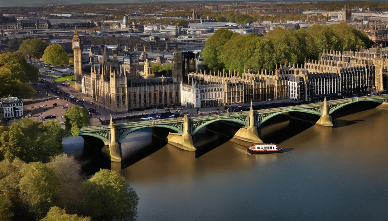Aerial photograph of a house in the UK,A row of sloping houses,Diagonal composition,Thames embankment fang,No trees,Big Ben, london, Rich in detail,photo realistic style:Photogram