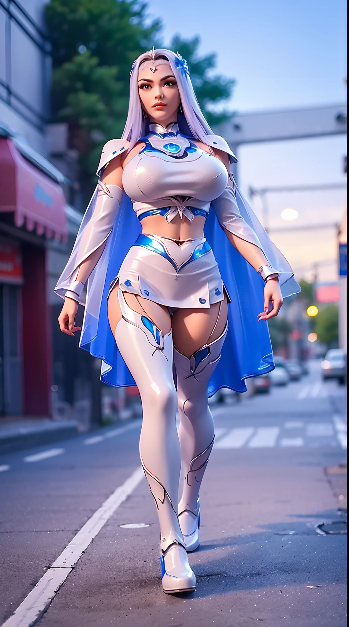 BEST QUALITY, (PHOTOREALISTIC:1.2), HYPER-RESOLUTION,1GIRL, SOLO, (white, blue), (HUGE FAKE BOOBS:1.3), (FUTURISTIC MECHA CROP TOP, EMPRESS CAPE, CLEAVAGE:1.4), (SKINTIGHT YOGA PANTS, HIGH HEELS:1.2), (GLAMOROUS BODY, MUSCLE ABS, LONG LEGS, FULL BODY VIEW:1.2), (LOOKING AT VIEWER:1.5), (WALKING DOWN STREET CYBER NIGHT CITY:1.2), ULTRA HIGHT DEFINITION, 8K, 1080P.