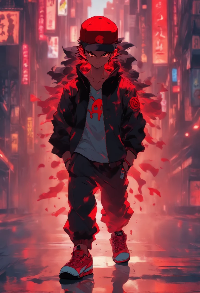 cartoon of a boy red devil cute face with a cap, in a suit and sneakers walking, streetwear graphic design, akira vibes, album art, illustration style
