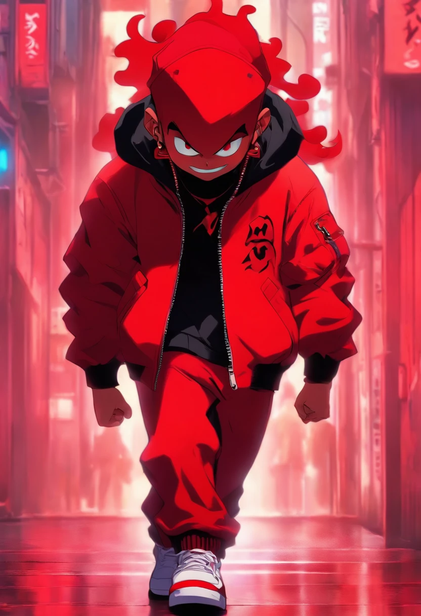 cartoon of a boy red devil cute face with a cap, in a suit and sneakers walking, streetwear graphic design, akira vibes, album art, illustration style