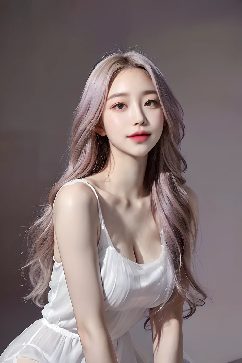 photo of a 18 y.o girl, beautiful vintage color, instagram (photorealistic, high resolution:1.4), ((puffy eyes)), looking at viewer, , full body (8k, RAW photo, best quality, masterpiece:1.2), (realistic, photo-realistic:1.37), (sharp focus:1.2), professional lighting, photon mapping, radiosity, physically-based rendering, (pale skin:1.2), (medium breasts:1.2), looking at viewer, (middle hair:1.5), portrait, purple eyes, (sliver hair:1.1), bangs, (simple background:1.4), solo, upper body, realistic, (masterpiece:1.4), (best quality:1.4), (shiny skin), fashion girl, makeup, smile(skinny, closed mouth,shy:1.3), (sheer sun dresses:1.5513), (standing:1.1), medium bust, sexy pose, {NSFW:1.2},