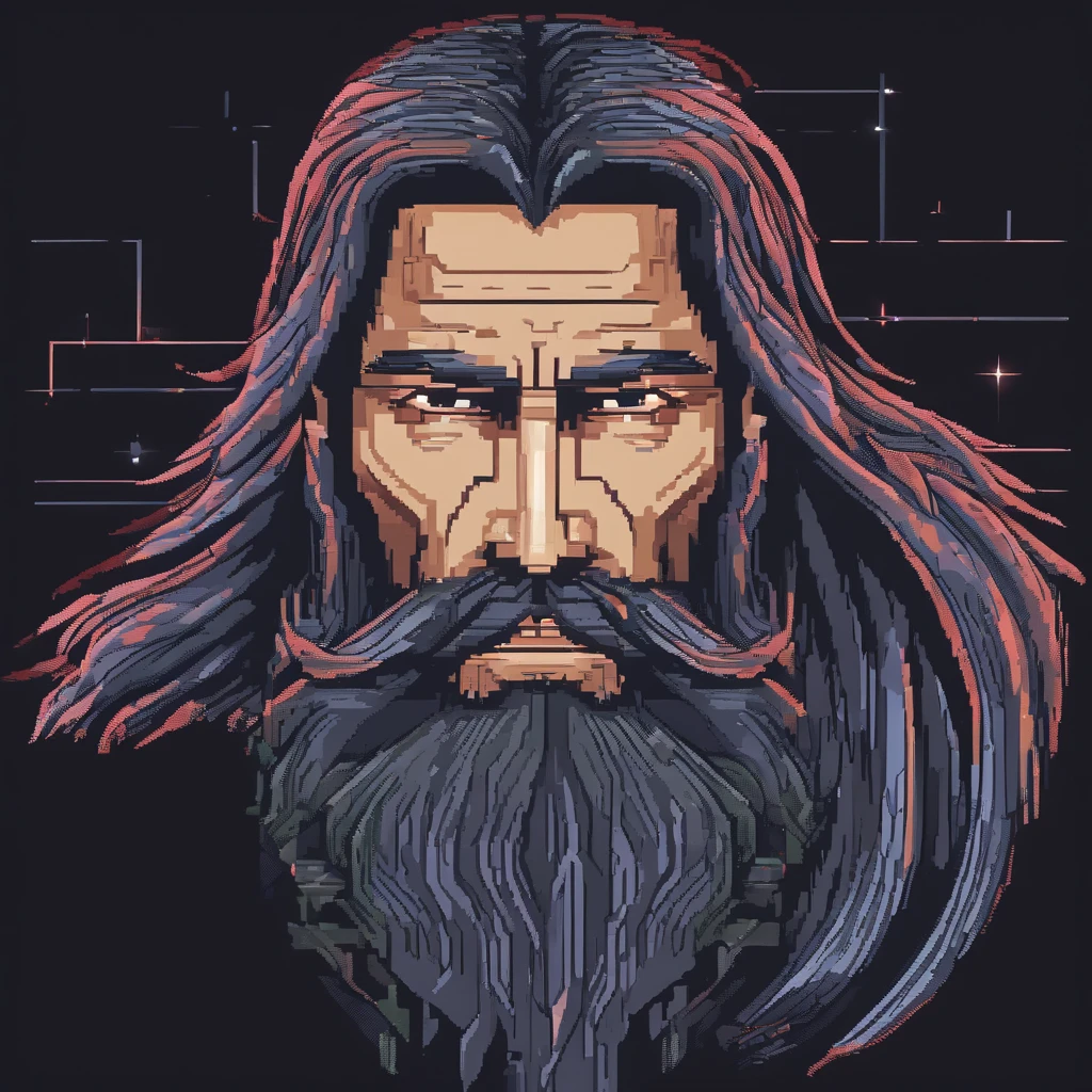 A Man with long hair and full beard wearing a black costume with cinematic dark background,concept art, highly detailed, sharp