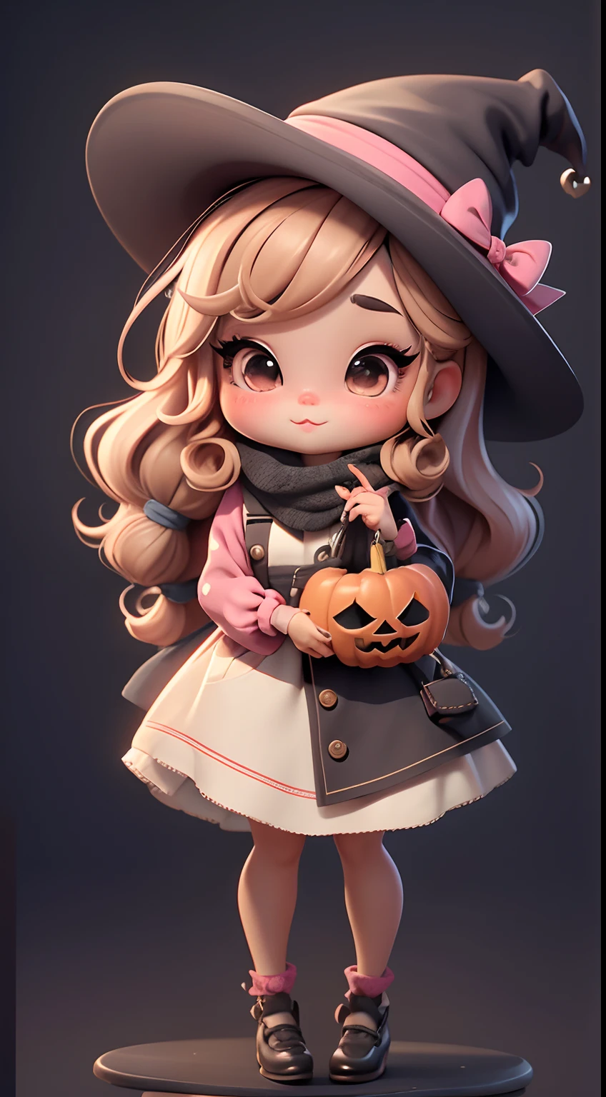 Create chibi-style doll costumes with cute Halloween themes., Each piece has a lot of detail and 8K resolution.. All dolls should follow the same and complete stable background pattern in the picture., Show (full entire body, Including legs: 1.5)

Witch's Apprentice Doll: Call her Mia.. She should have moderately wavy hair in light brown shades.. Your eyes should be big and curious., It has long eyelashes and slightly pink cheeks.. Mia should dress in colorful outfits and delicate and beautiful polka dot shirts and hats.. She had to hold a small pot and an open book.. Add details like bags and scarves to the apron to make it more glamorous., Cute shoes

Don't forget to add shadows., Texture and detail in hair, clothes, Cute Halloween Appliances, To make them more cute and charming..