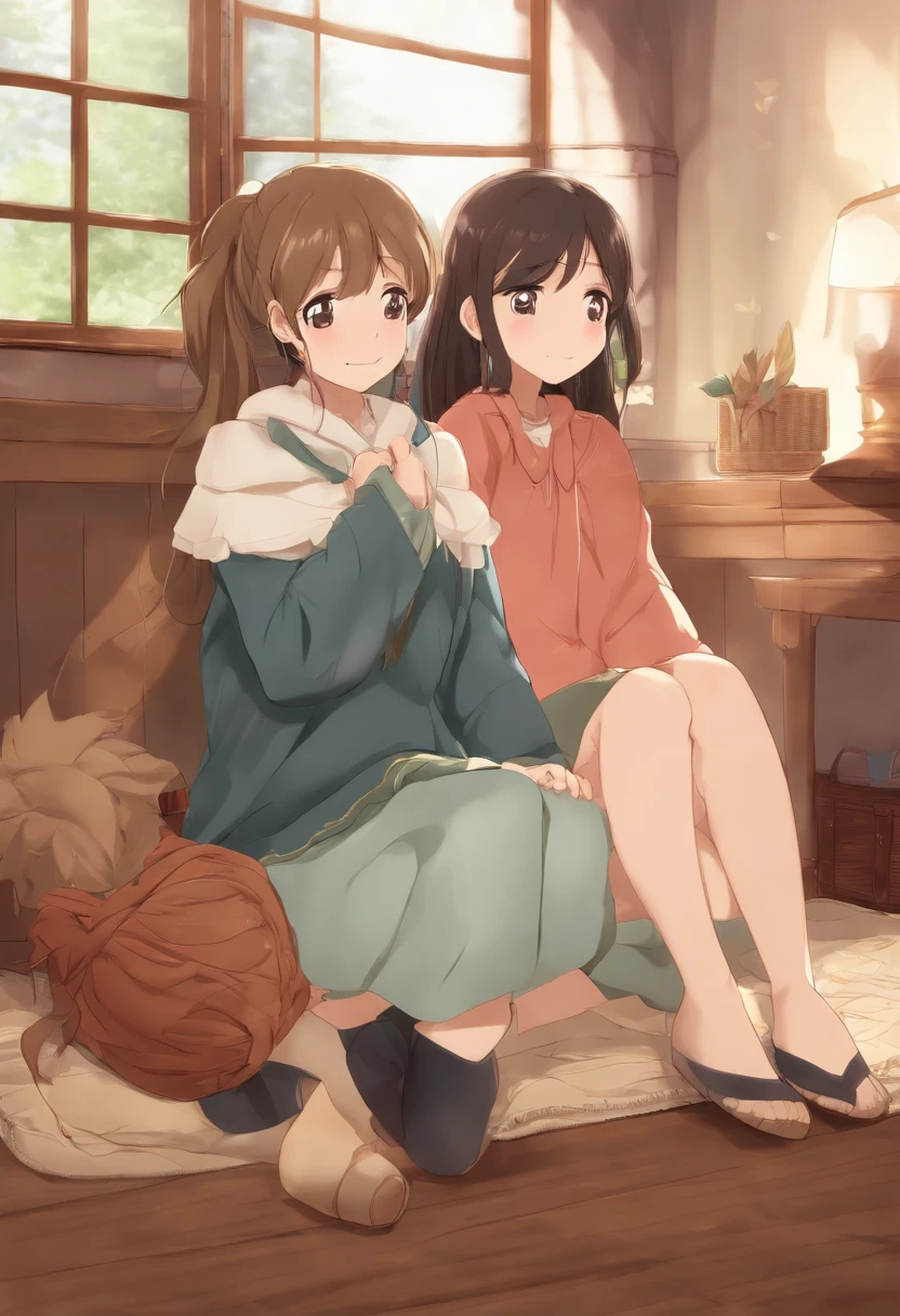 Absurd resolution, High Resolution, (Masterpiece: 1.4), Super detailed, (((Detailed Face, Detailed expression)), Two girls, Girl & Girl, Friends, Best friends, Classmates, relaxing, pony tail, Bob, sitting on bedroll, sitting on the floor, Two people talking, background in the room, Friends, Best friend, Home, 1 thousand., Small Room, Curtains, bed, tv, a table, Clothes in the room, Kyoto Animation, Атмосфера Kyoto Animation, (Crying)