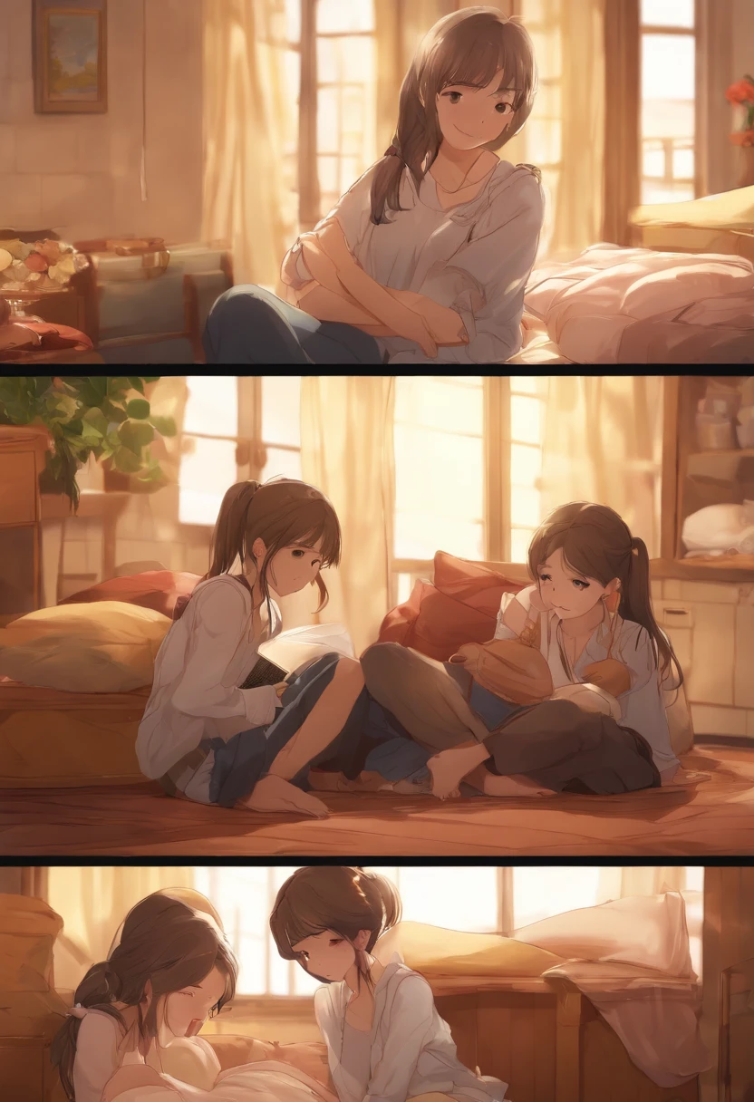 Absurd resolution, High Resolution, (Masterpiece: 1.4), Super detailed, (((Detailed Face, Detailed expression)), Two girls, Girl & Girl, Friends, Best friends, Classmates, relaxing, pony tail, Bob, sitting on bedroll, sitting on the floor, Two people talking, background in the room, Friends, Best friend, Home, 1 thousand., Small Room, Curtains, bed, tv, a table, Clothes in the room, Kyoto Animation, Атмосфера Kyoto Animation, (Crying)
