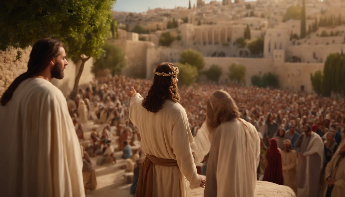 Jesus preaching to a crowd in Jerusalem, realistic image, detailed scenery, masterpiece, 8K --ar 16:9