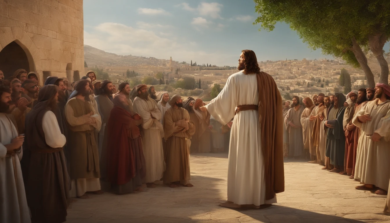 Jesus preaching to a crowd in Jerusalem, realistic image, detailed scenery, masterpiece, 8K --ar 16:9