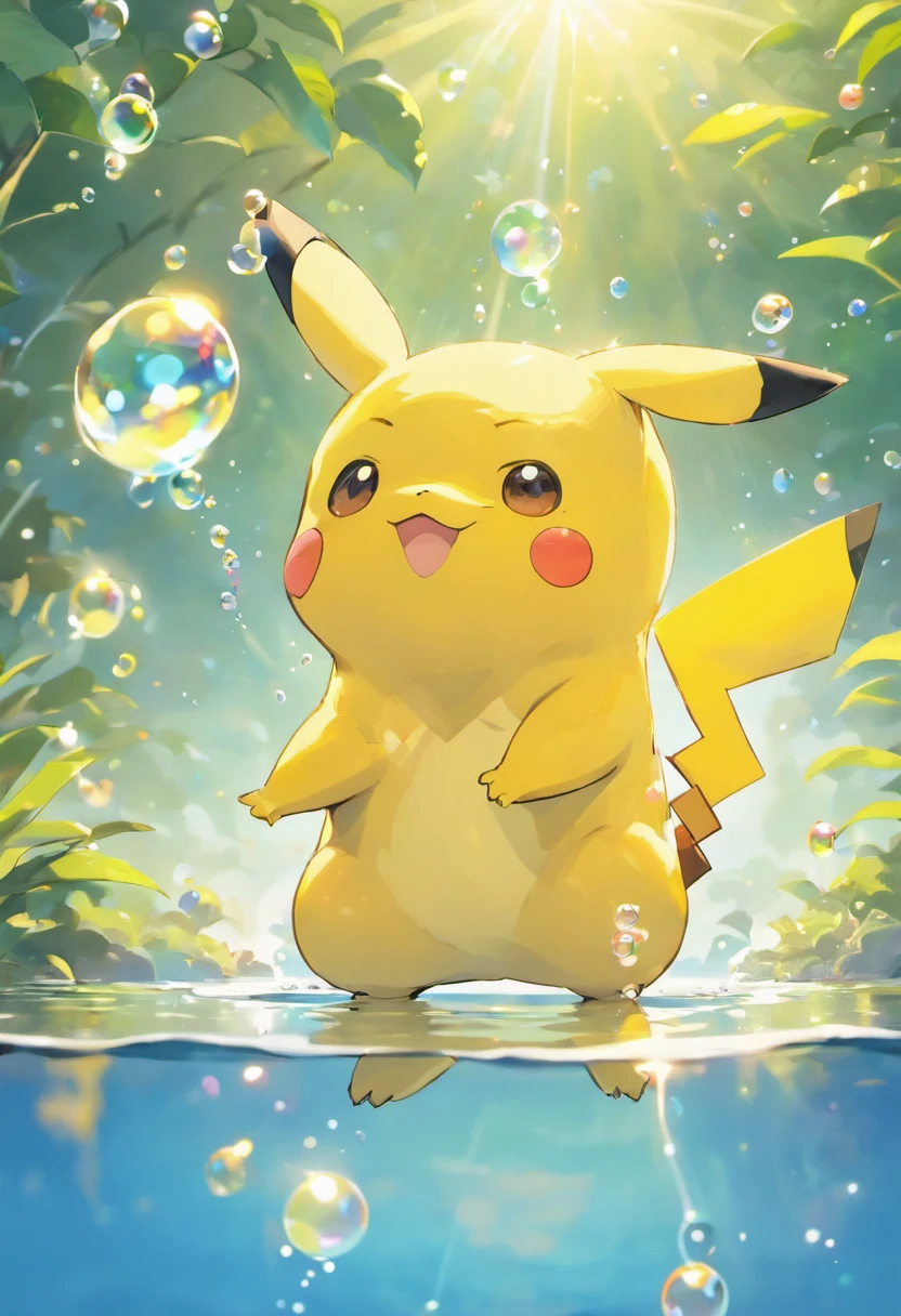 A touching scene in ultra-high definition 3D showcasing Pikachu making a wish beside a tranquil lake. Pikachu, beautifully rendered in detail, is seen gently blowing bubbles into the air, each one carrying a hopeful wish. The bubbles catch the reflection of the setting sun, creating a dreamy, magical effect. The overall atmosphere is tender, filled with hope and serenity