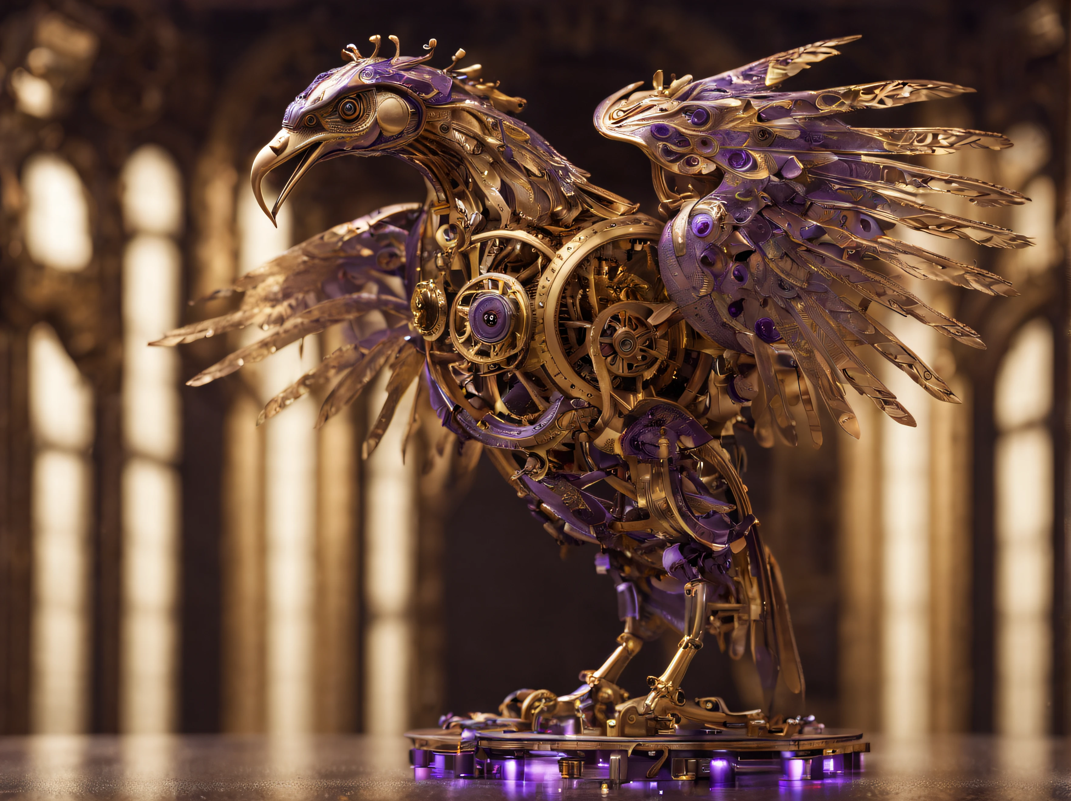 incredibly intricate full body photo of a mechanical phoenix bird ((with visible clockwork elements)), Canon RF, F/2.8, intricate detail, raytracing, subsurface scattering, shadow blending, cinematic, infinite ultra-resolution image quality and render, 55mm, widescreen, clockwork, cogs, mechanical, purple and gold highlights