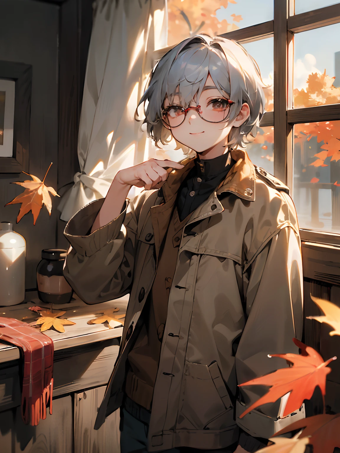 (Male child, eye glasses,A smile, silber hair),(((​masterpiece)))、(((top-quality)))、((ultra-definition))、(High Definition CG Illustration)、((extremely delicate and beautiful)),