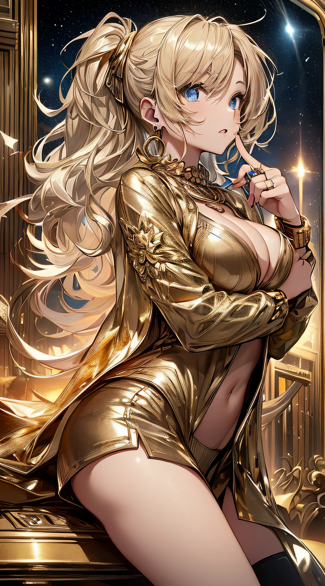 top-quality、Top image quality、​masterpiece、girl with((18year old、Gold underwear,Best Bust、Medium bust、Bust 85,Beautiful blue eyes、Breasts wide open,Sexy Gold Dress、Gold Miniskirt、Gold Earrings、Gold necklace、Gold Ring、Shining golden ponytail、Gold Shoes、Point your finger at viewers、Slouched）hiquality、Beautiful Art、Background with(Shining meteors,kosmos、Gold Room、Gold Table、Gold Chair、Monitors、Gold Room、Gold Bookshelf、Golden Falls、phoenix)),masutepiece、Elaborate design、visualart、depth of fields、The best lighting、highestdetailed、Front angle